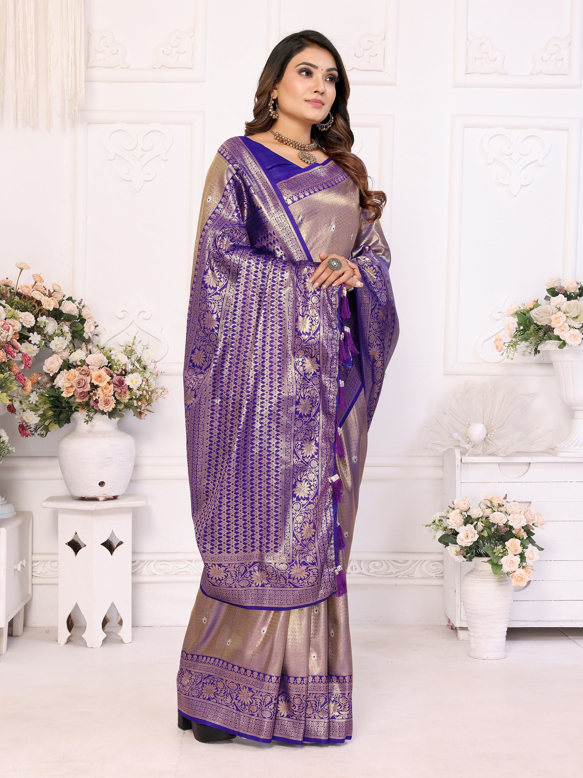 Vedant Vastram Tissue Silk Kanjeevaram Silk Saree - Blue