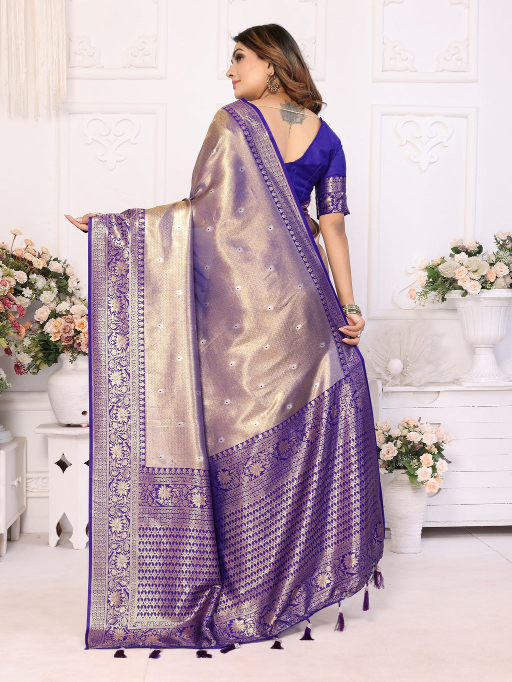 Vedant Vastram Tissue Silk Kanjeevaram Silk Saree - Blue