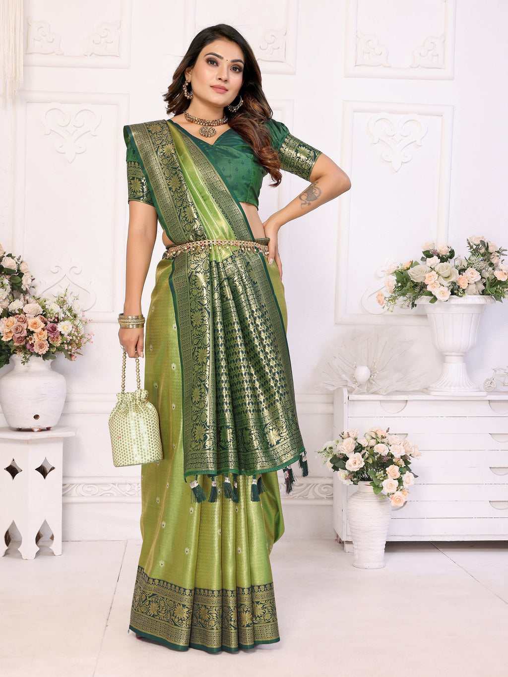 Vedant Vastram Tissue Silk Kanjeevaram Silk Saree - Mahendi