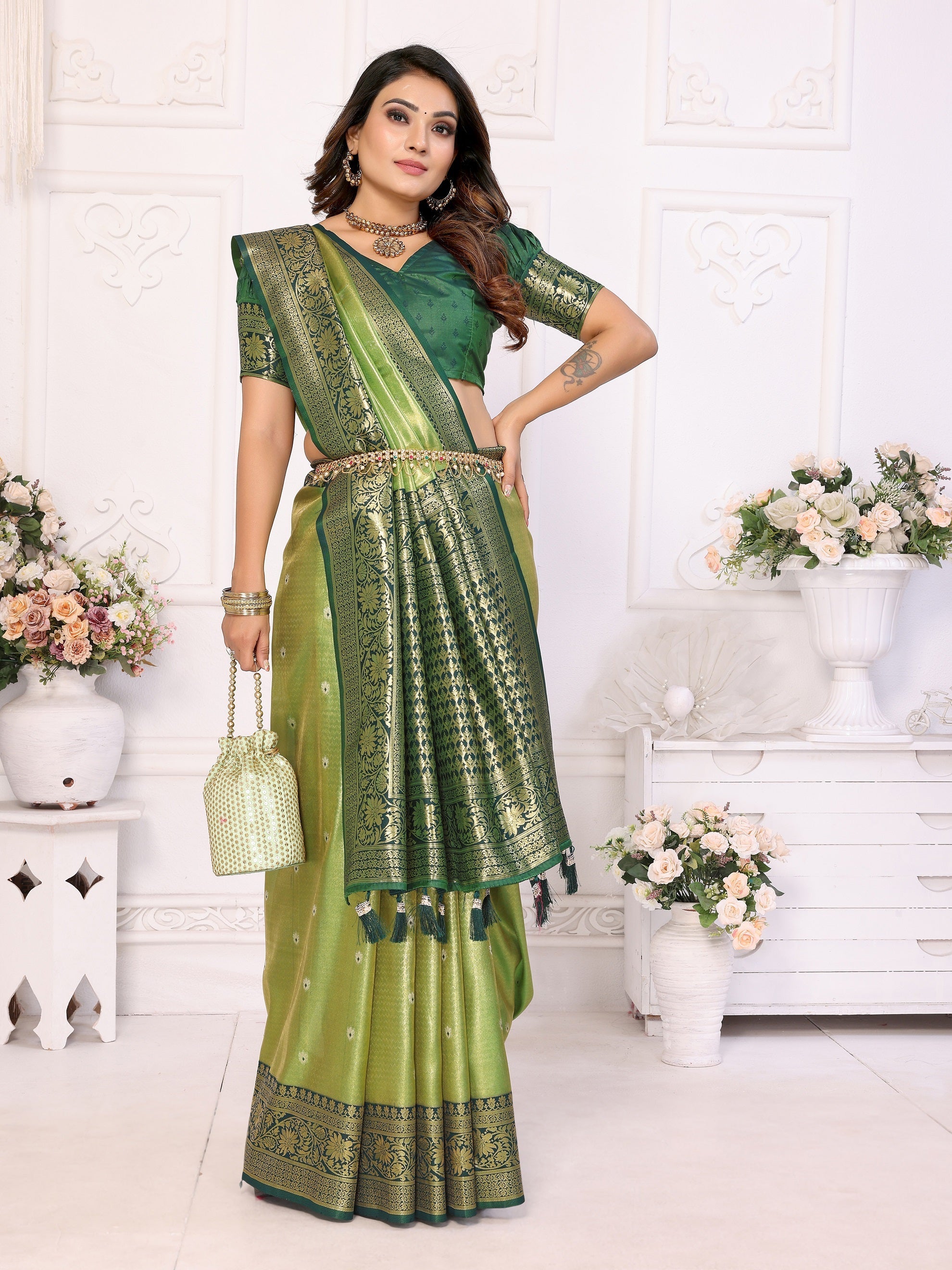 Vedant Vastram Tissue Silk Kanjeevaram Silk Saree - Mahendi