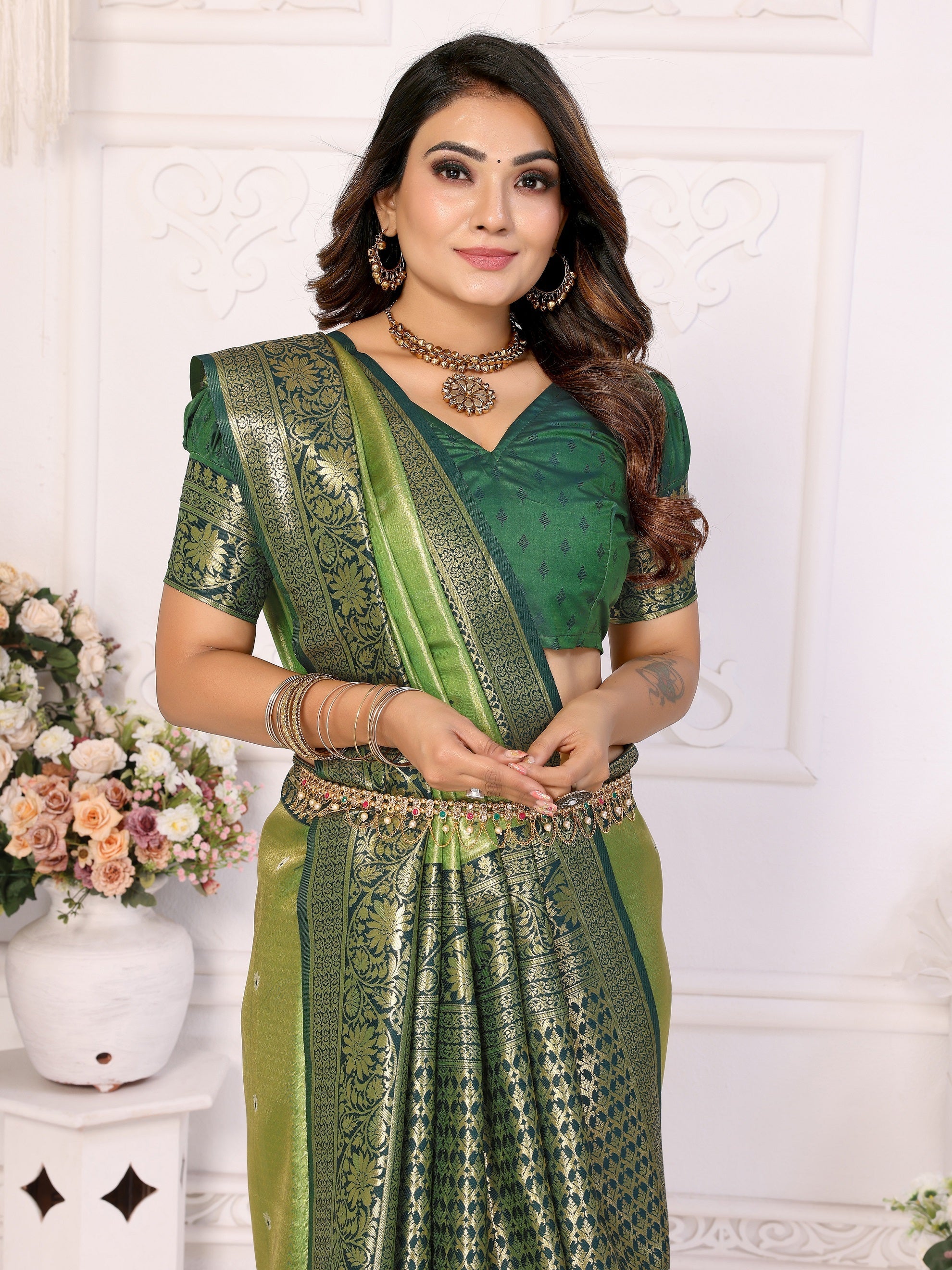 Vedant Vastram Tissue Silk Kanjeevaram Silk Saree - Mahendi