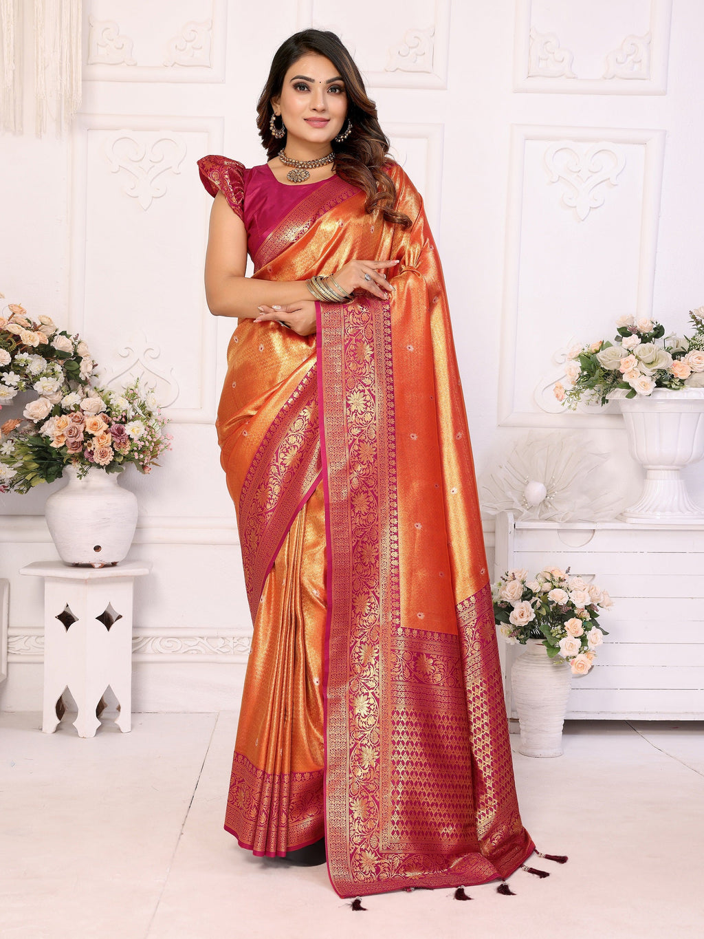 Vedant Vastram Tissue Silk Kanjeevaram Silk Saree - Mustard