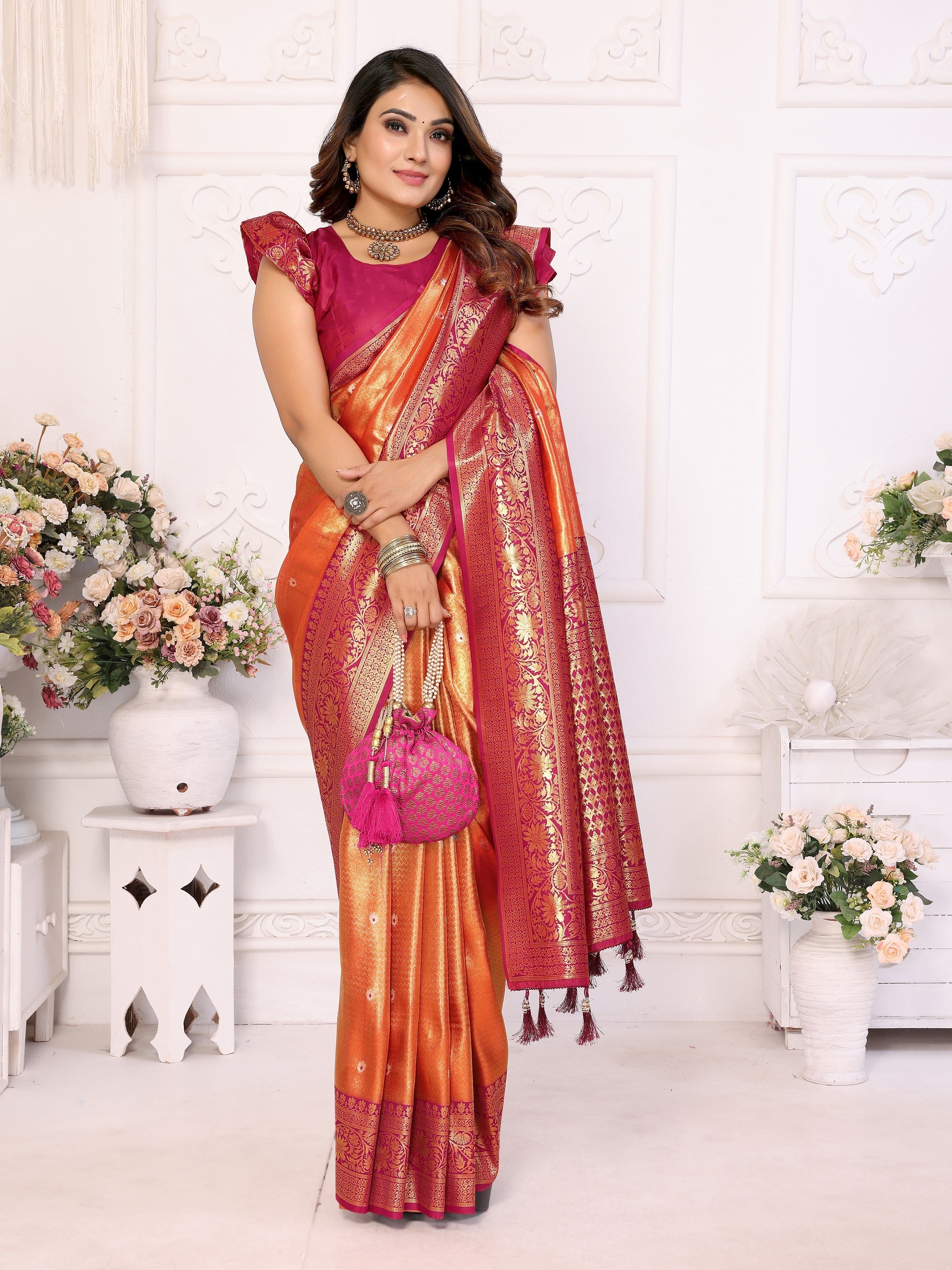 Vedant Vastram Tissue Silk Kanjeevaram Silk Saree - Mustard