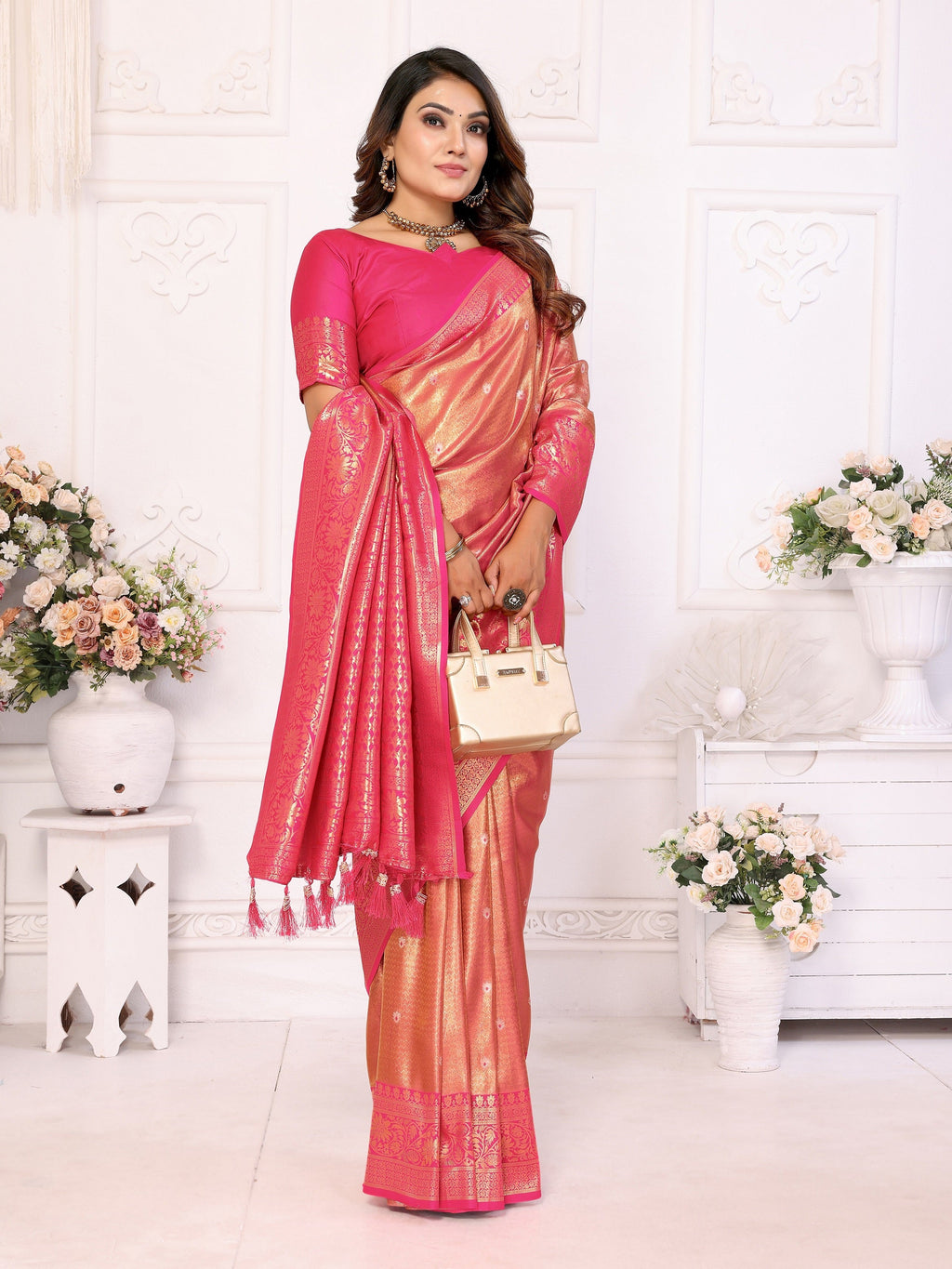 Vedant Vastram Tissue Silk Kanjeevaram Silk Saree - Pink