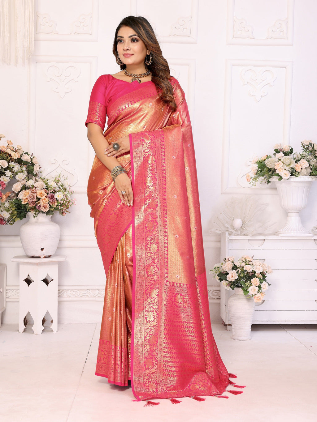 Vedant Vastram Tissue Silk Kanjeevaram Silk Saree - Pink