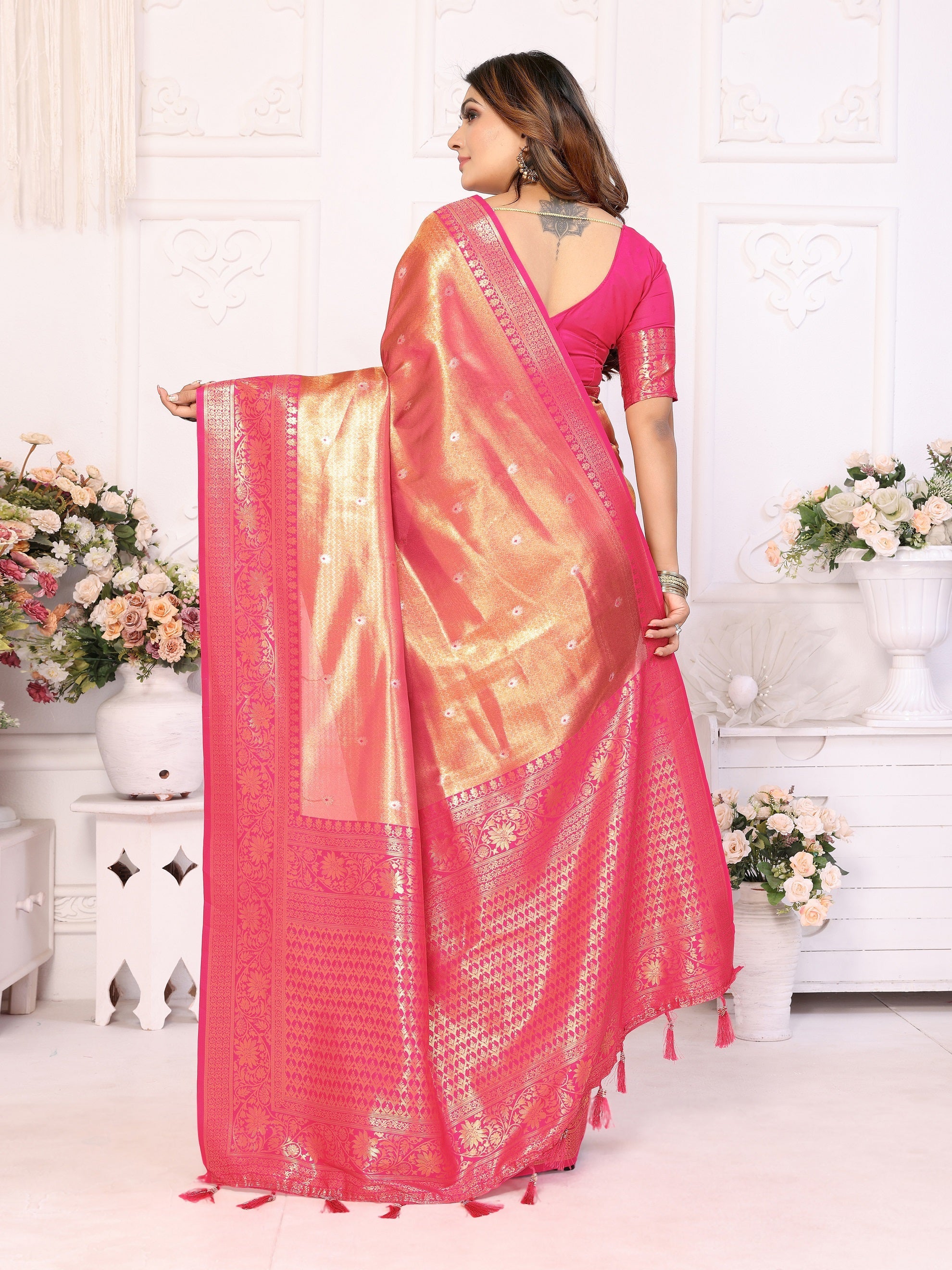 Vedant Vastram Tissue Silk Kanjeevaram Silk Saree - Pink