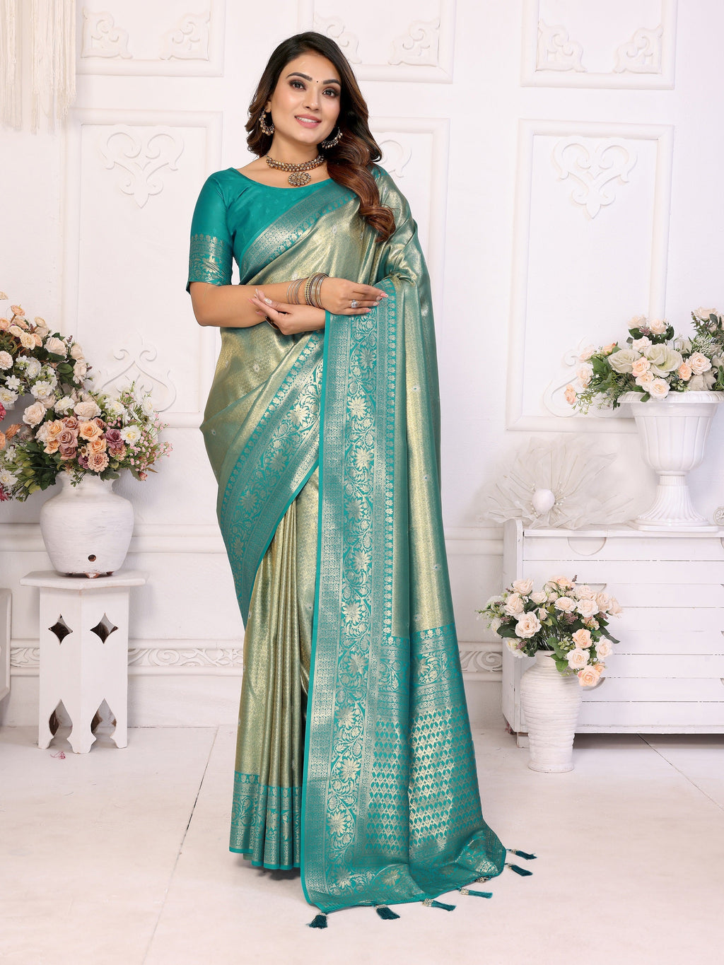 Vedant Vastram Tissue Silk Kanjeevaram Silk Saree - Rama