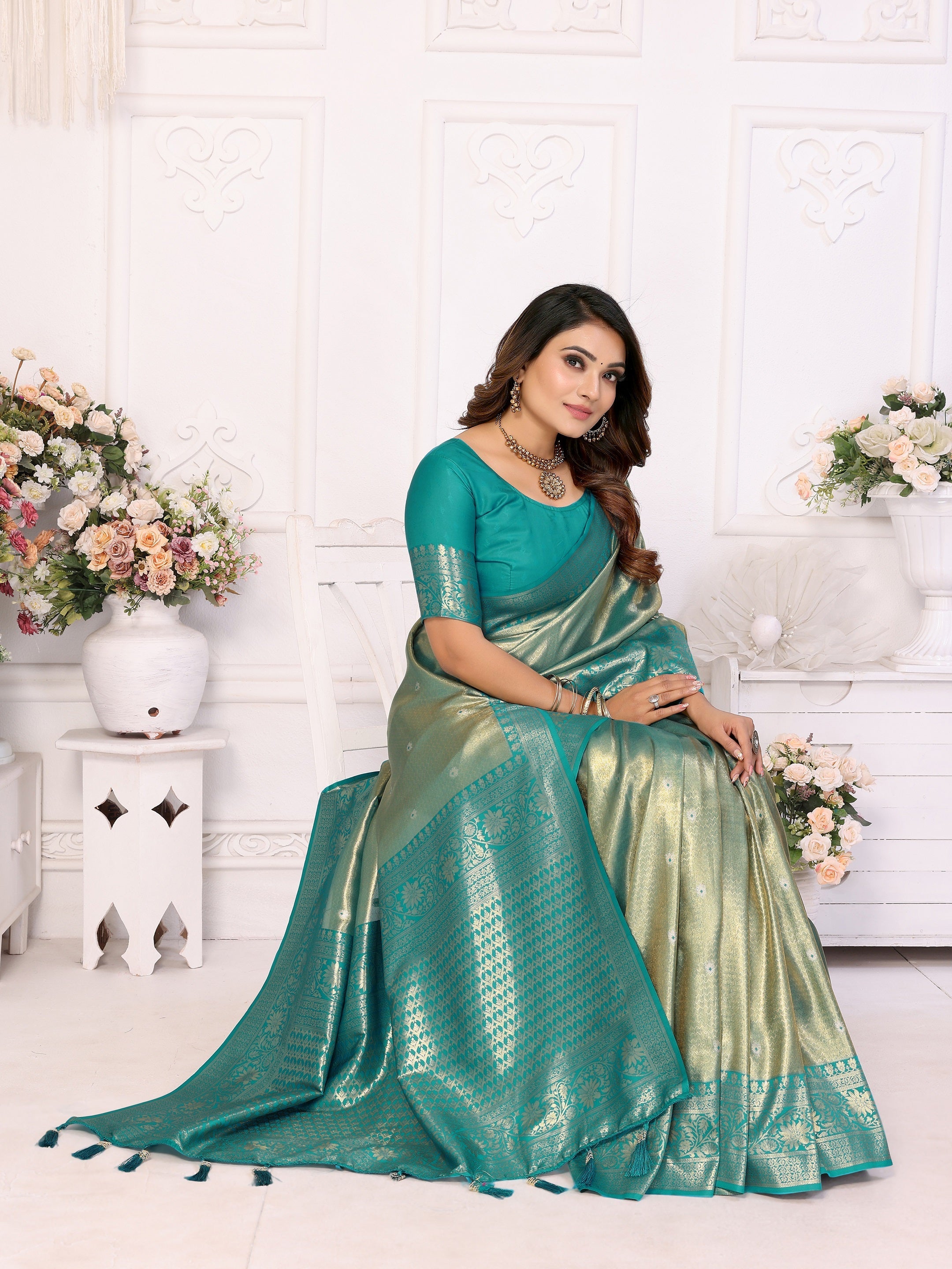 Vedant Vastram Tissue Silk Kanjeevaram Silk Saree - Rama