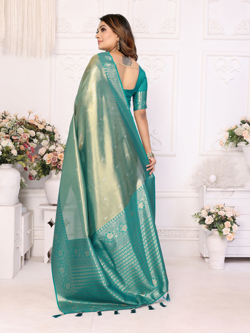 Vedant Vastram Tissue Silk Kanjeevaram Silk Saree - Rama
