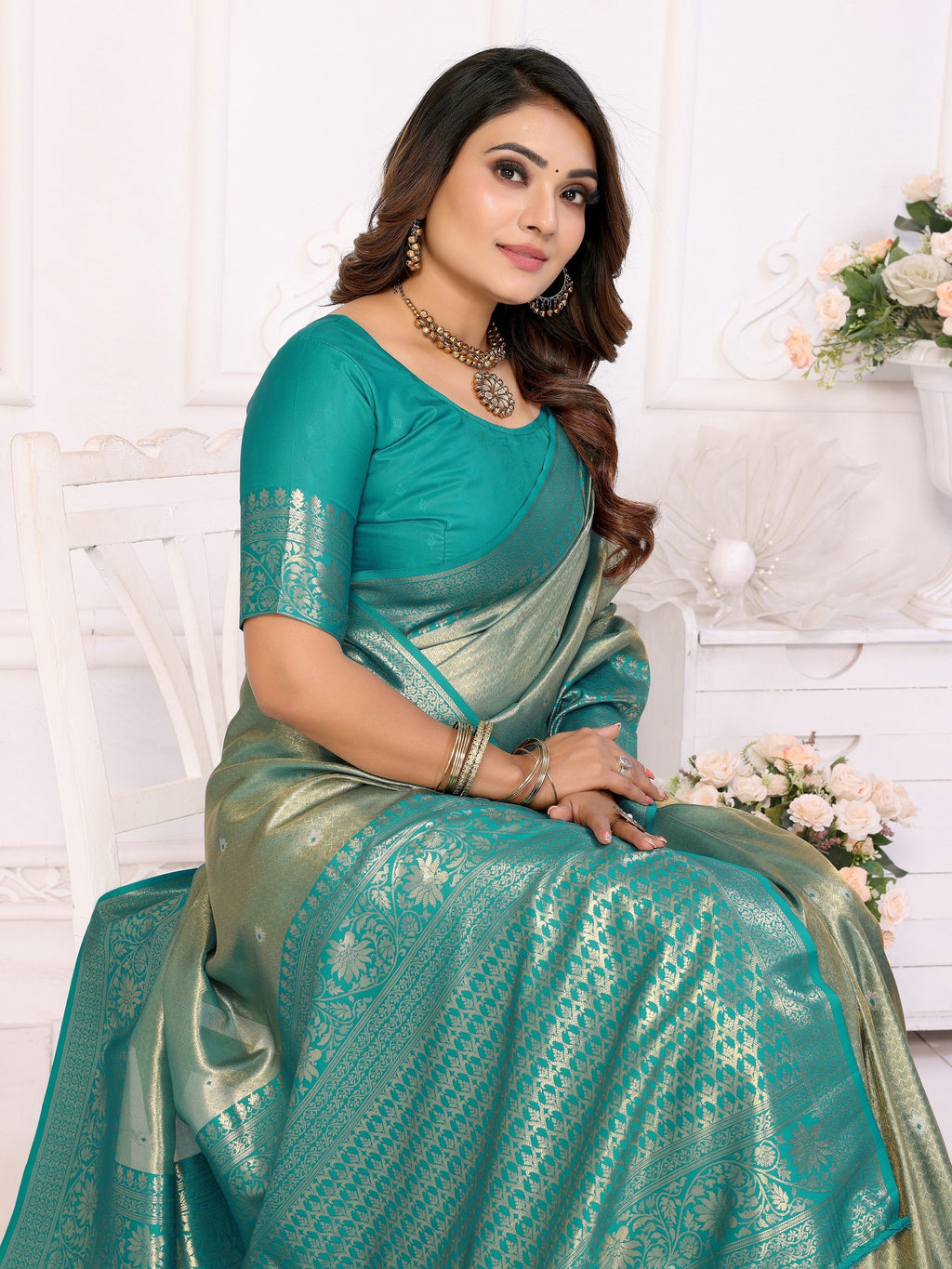 Vedant Vastram Tissue Silk Kanjeevaram Silk Saree - Rama