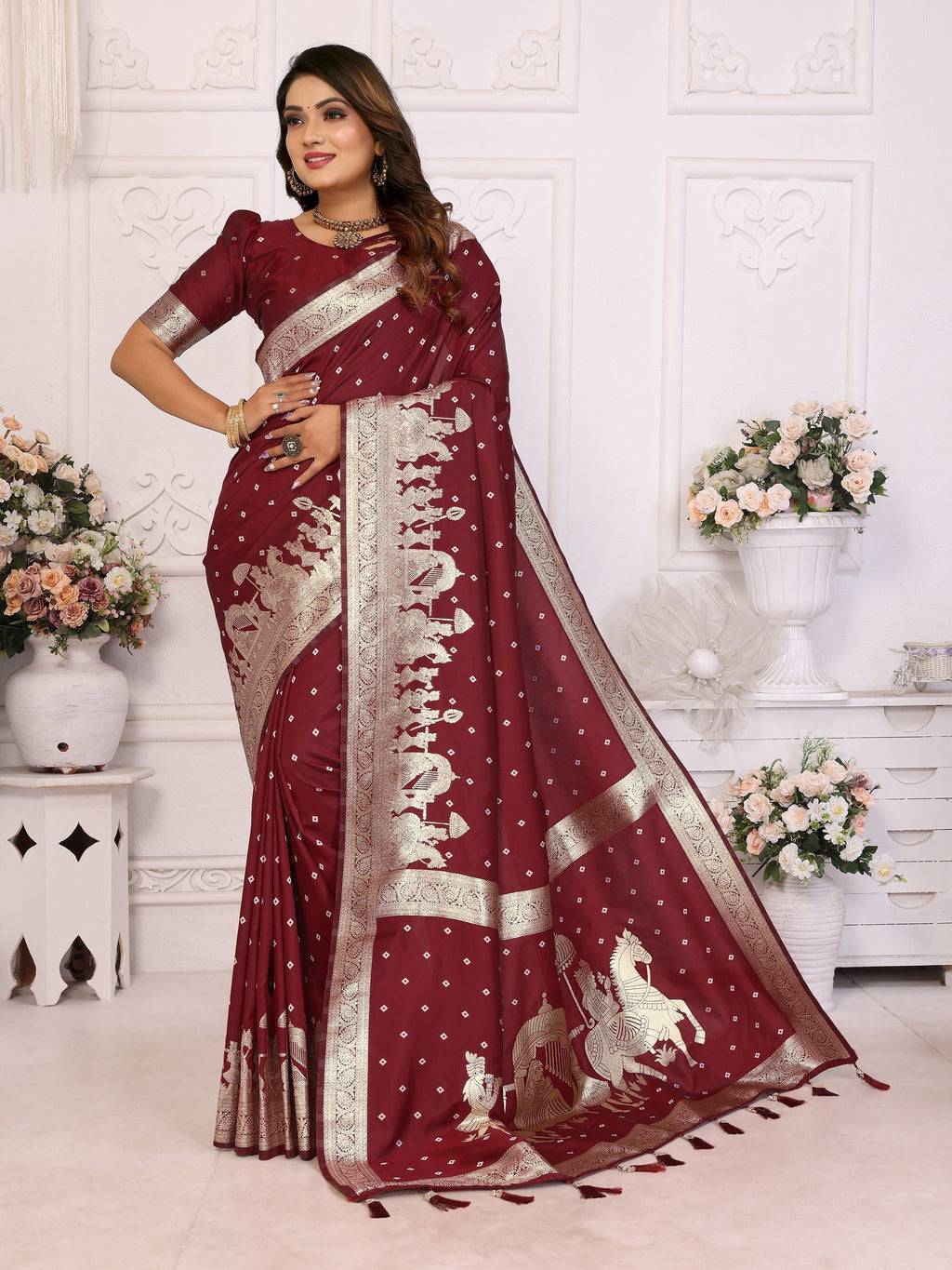 Vedant Vastram Soft Litchi Silk Banarasi Silk Saree - Maroon