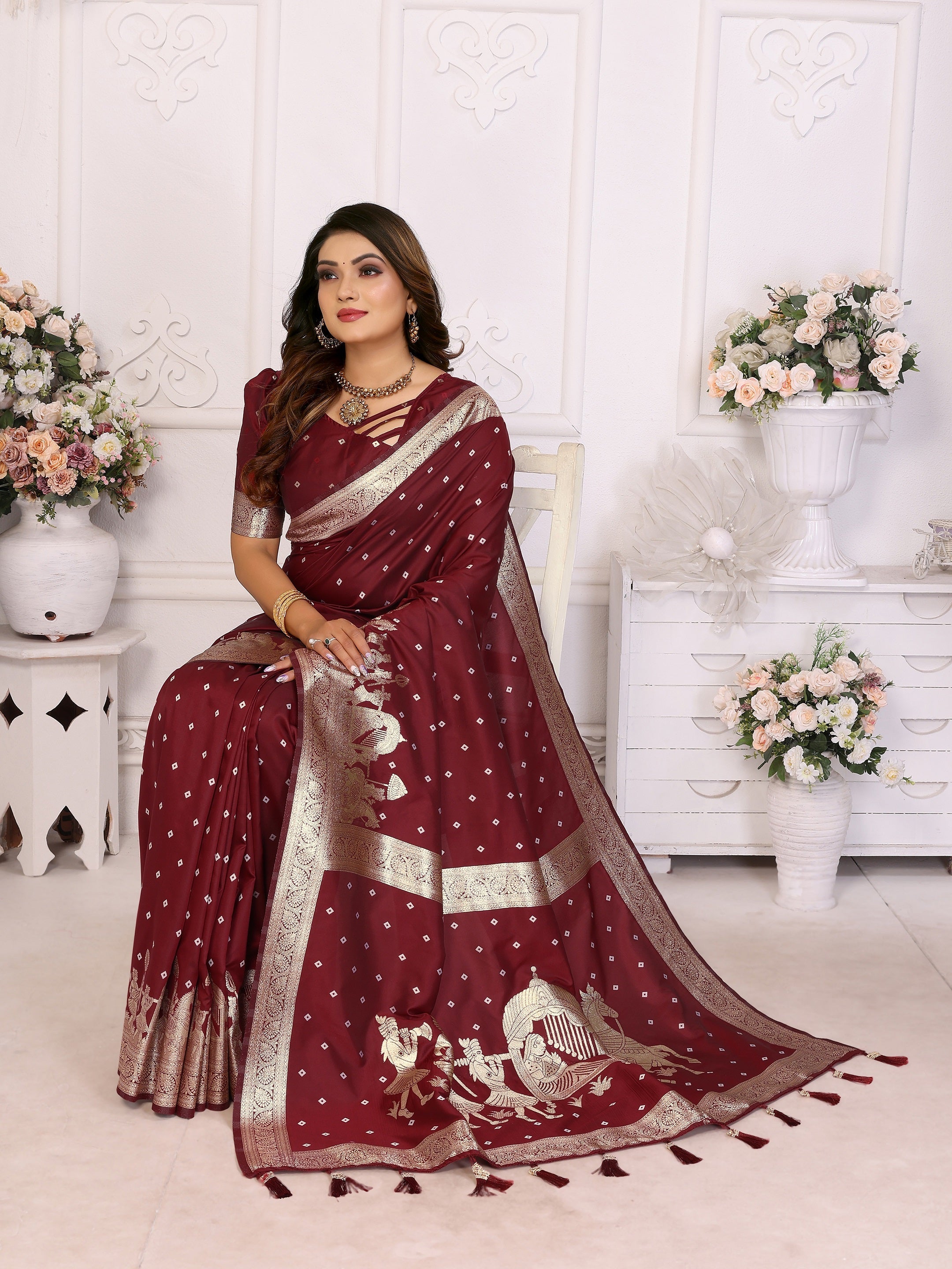 Vedant Vastram Soft Litchi Silk Banarasi Silk Saree - Maroon