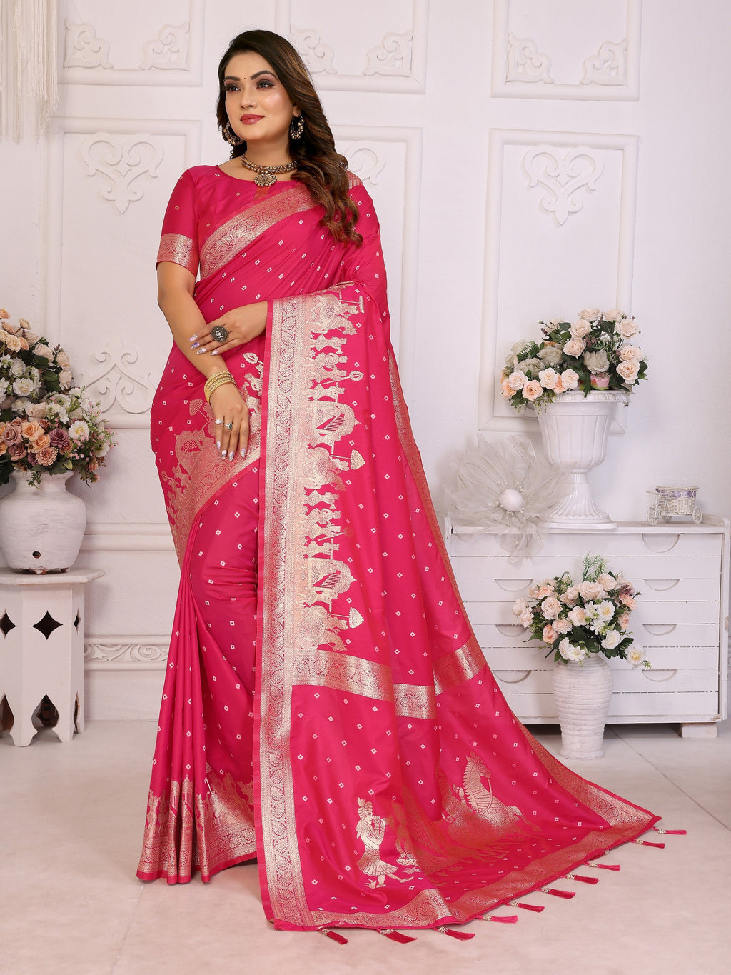 Vedant Vastram Soft Litchi Silk Banarasi Silk Saree - Rani