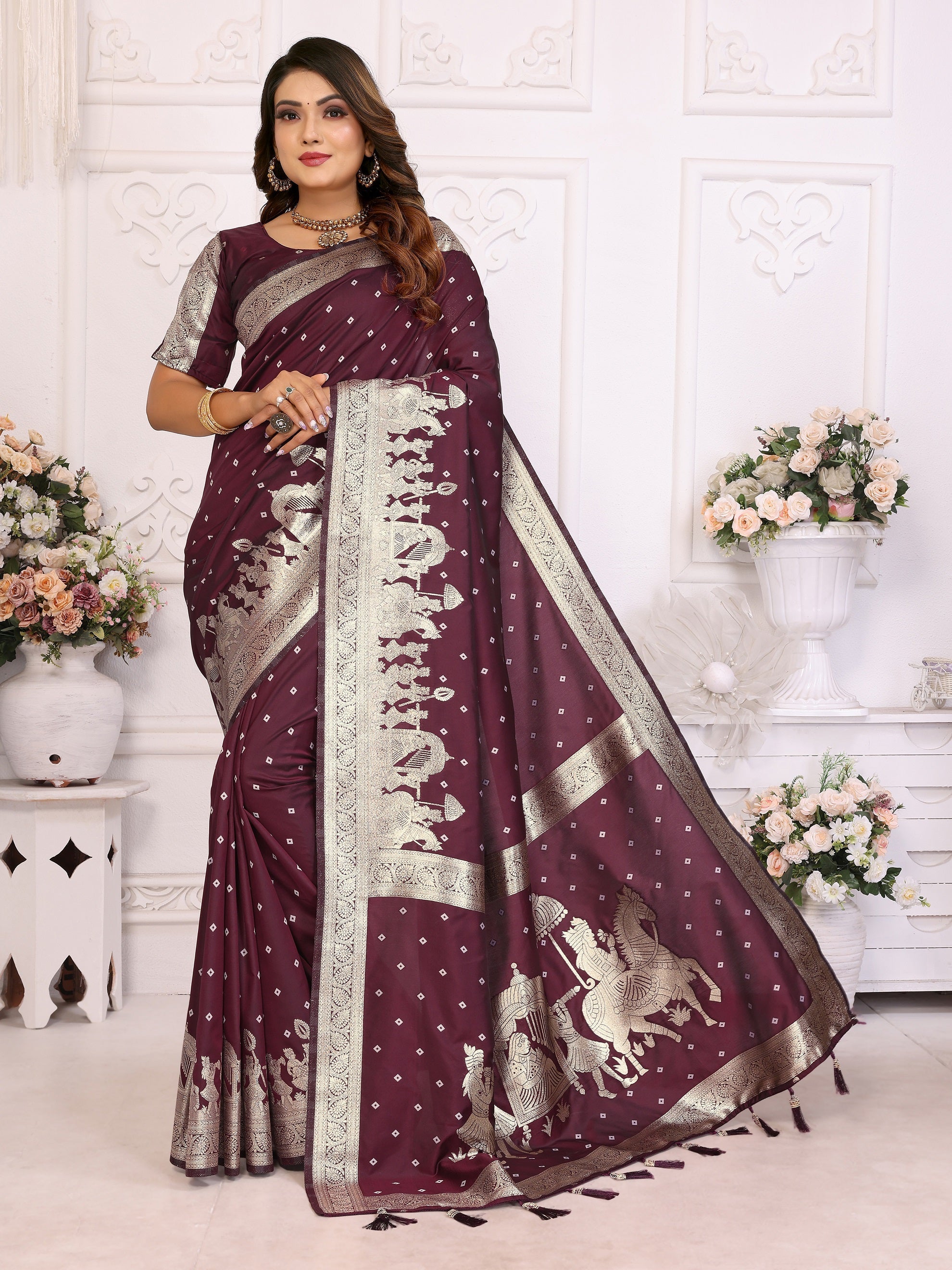 Vedant Vastram Soft Litchi Silk Banarasi Silk Saree - Wine