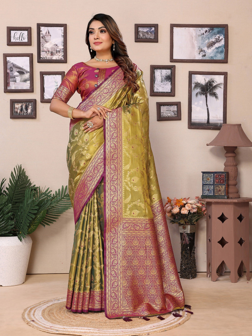 Vedant Vastram Tissue Silk Kanjeevaram Silk Saree - Dark-Olive