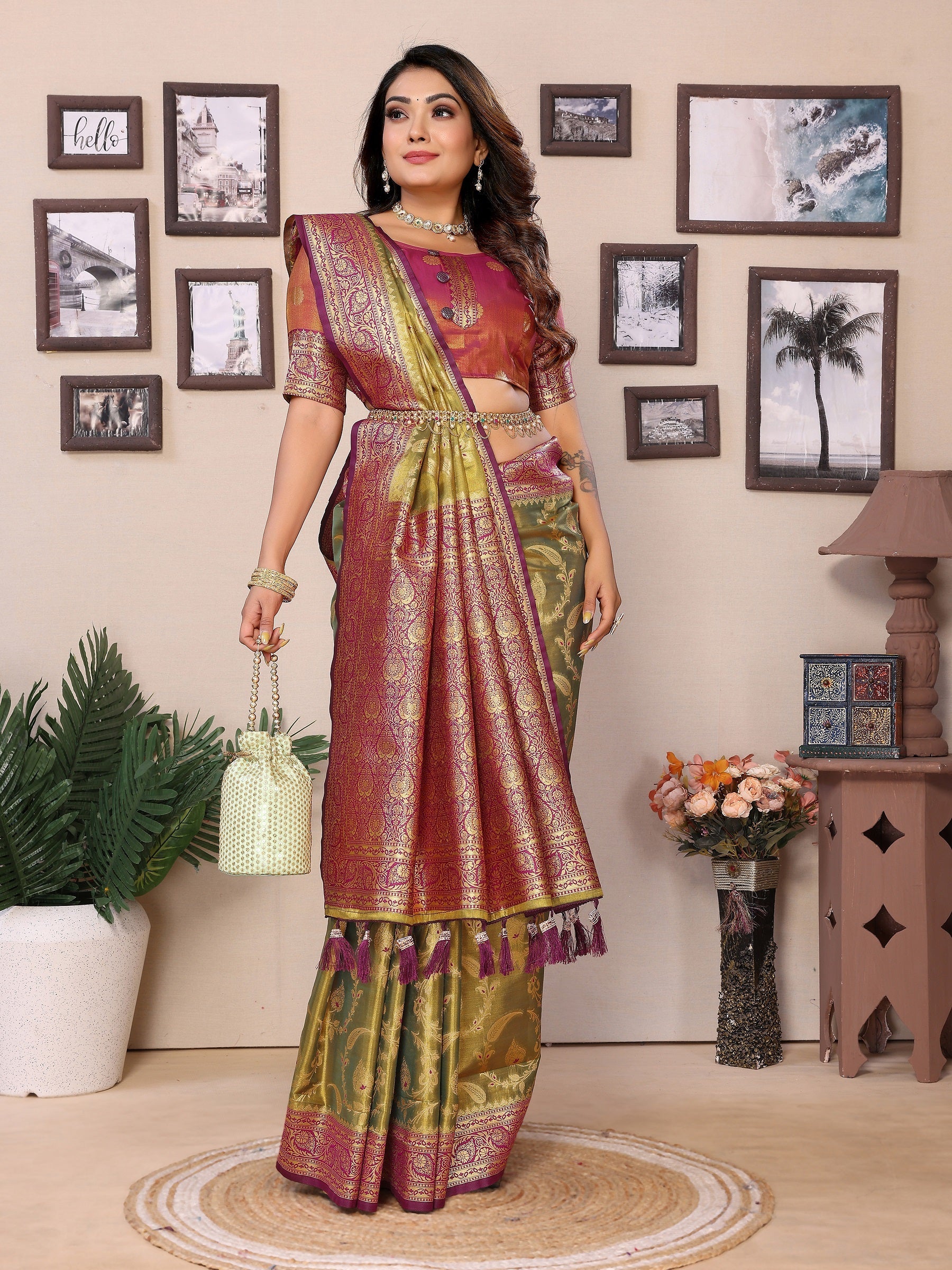 Vedant Vastram Tissue Silk Kanjeevaram Silk Saree - Dark-Olive