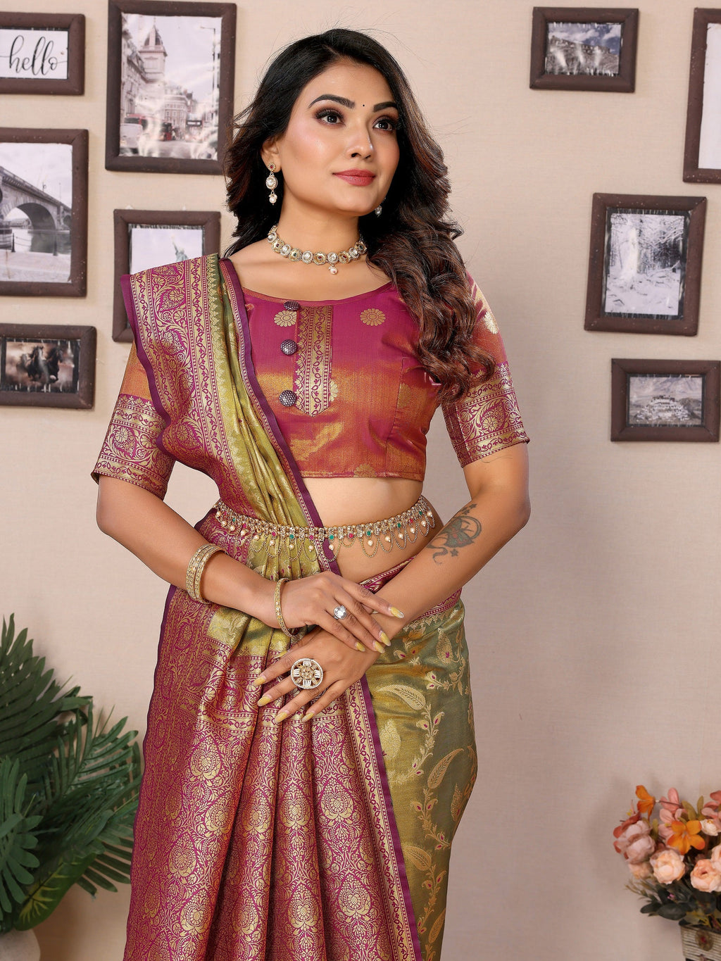 Vedant Vastram Tissue Silk Kanjeevaram Silk Saree - Dark-Olive