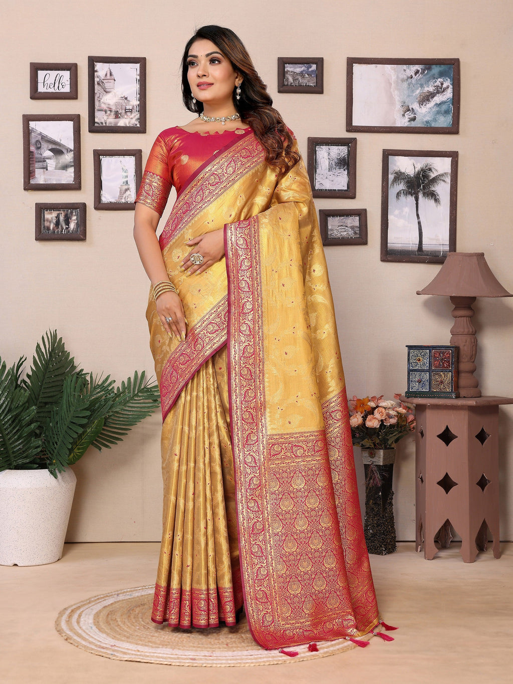 Vedant Vastram Tissue Silk Kanjeevaram Silk Saree - Mustard