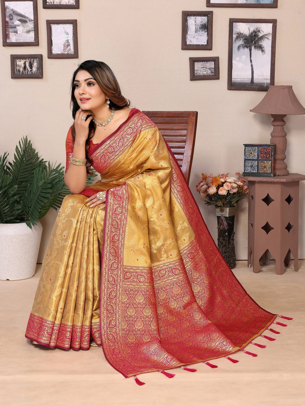 Vedant Vastram Tissue Silk Kanjeevaram Silk Saree - Mustard