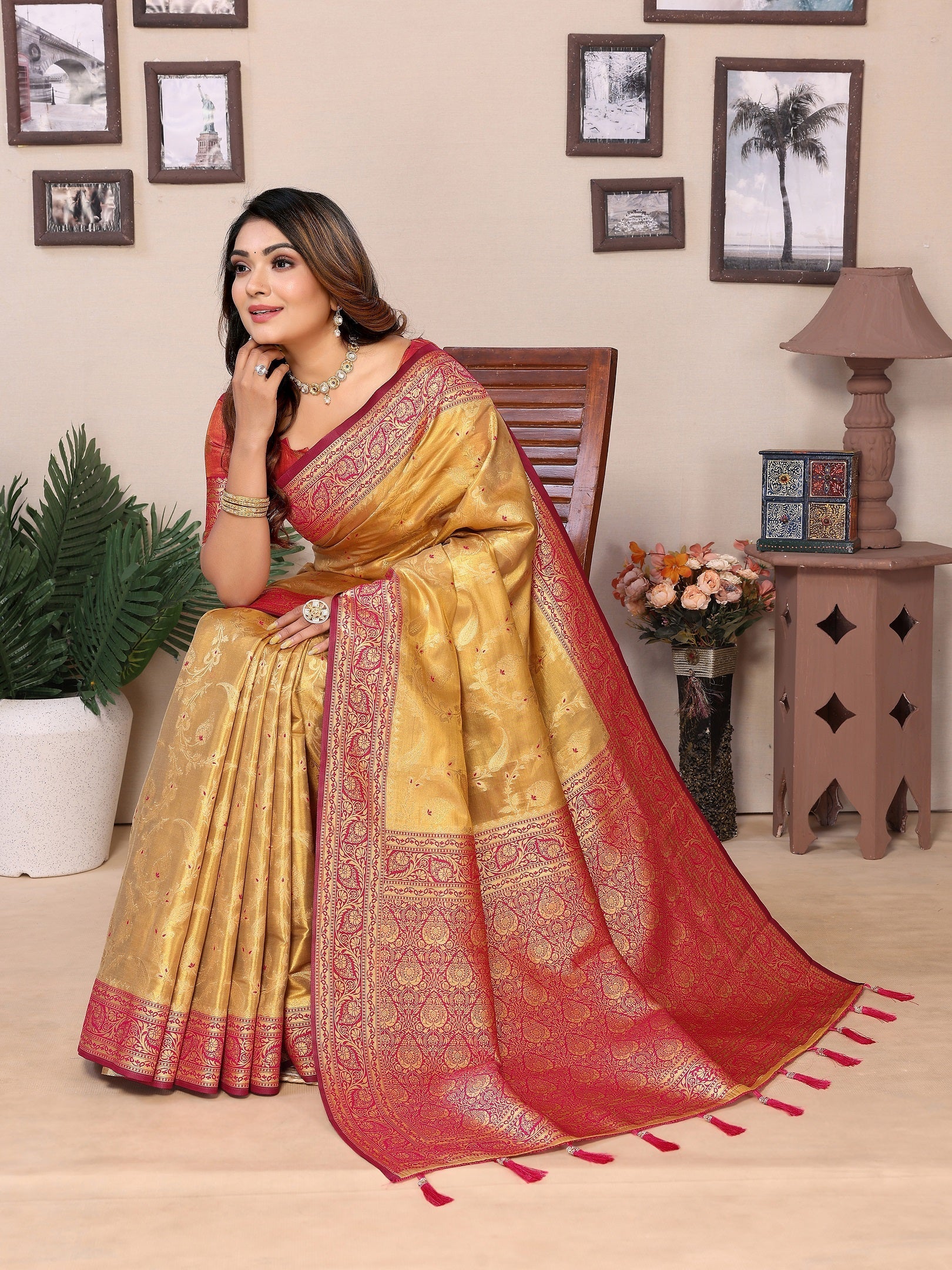 Vedant Vastram Tissue Silk Kanjeevaram Silk Saree - Mustard