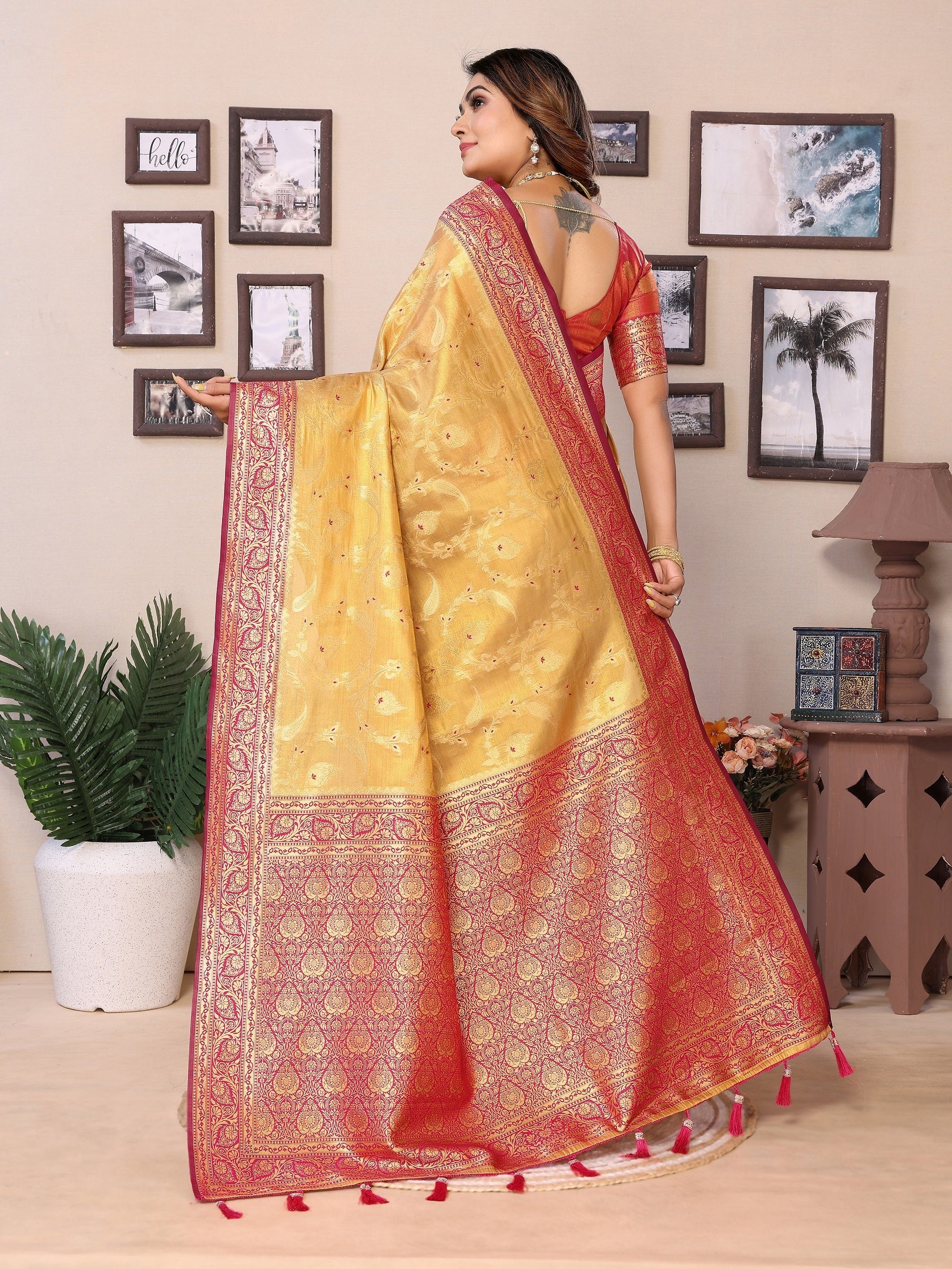 Vedant Vastram Tissue Silk Kanjeevaram Silk Saree - Mustard