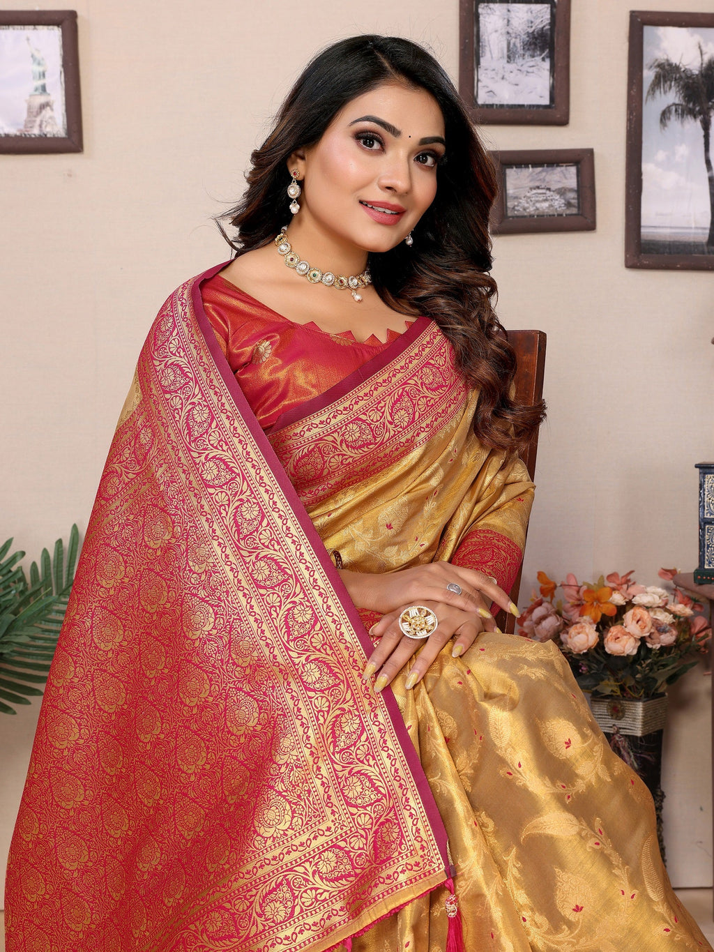 Vedant Vastram Tissue Silk Kanjeevaram Silk Saree - Mustard