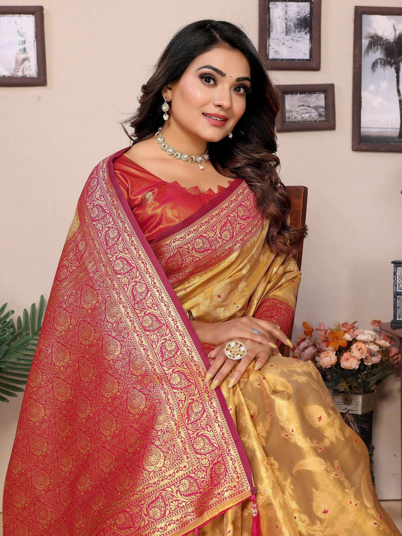 Vedant Vastram Tissue Silk Kanjeevaram Silk Saree - Mustard