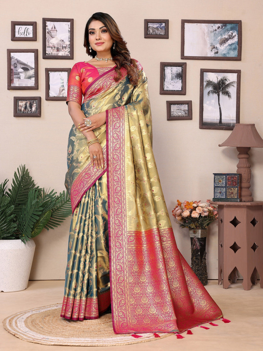 Vedant Vastram Tissue Silk Kanjeevaram Silk Saree - Olive