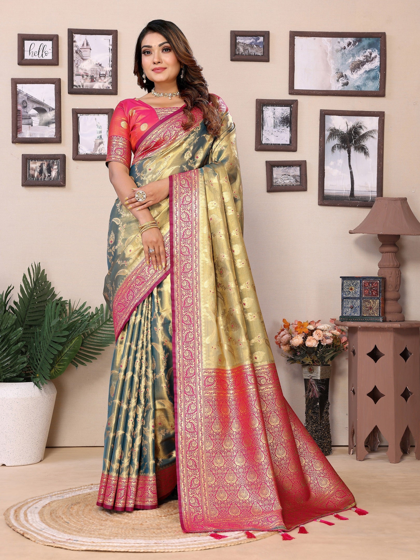 Vedant Vastram Tissue Silk Kanjeevaram Silk Saree - Olive