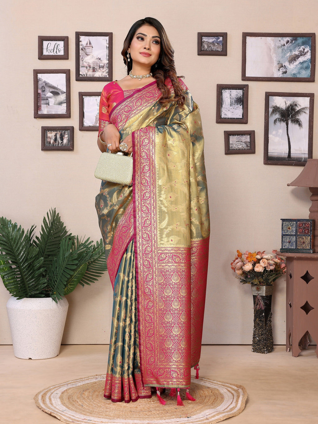 Vedant Vastram Tissue Silk Kanjeevaram Silk Saree - Olive