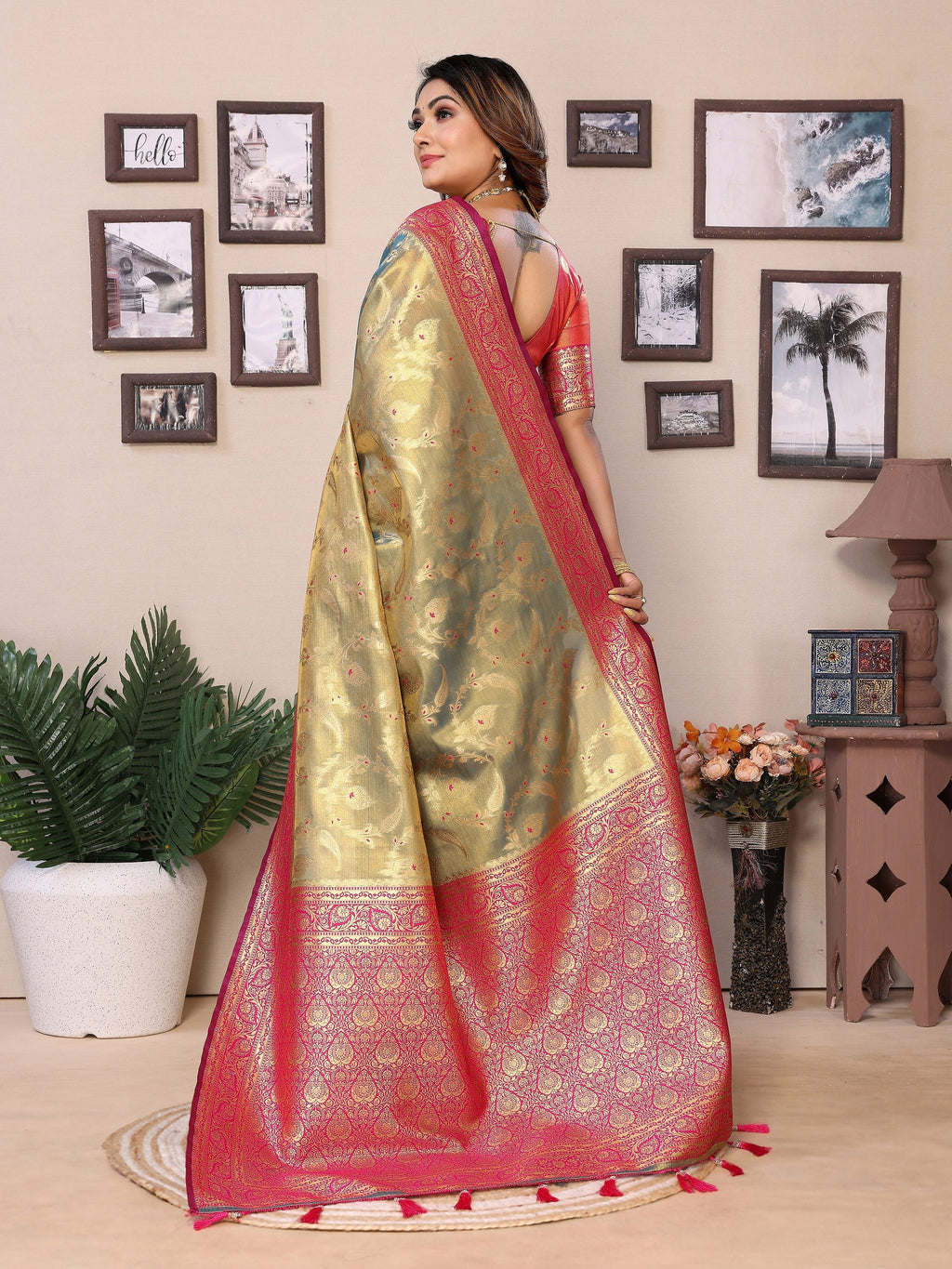 Vedant Vastram Tissue Silk Kanjeevaram Silk Saree - Olive