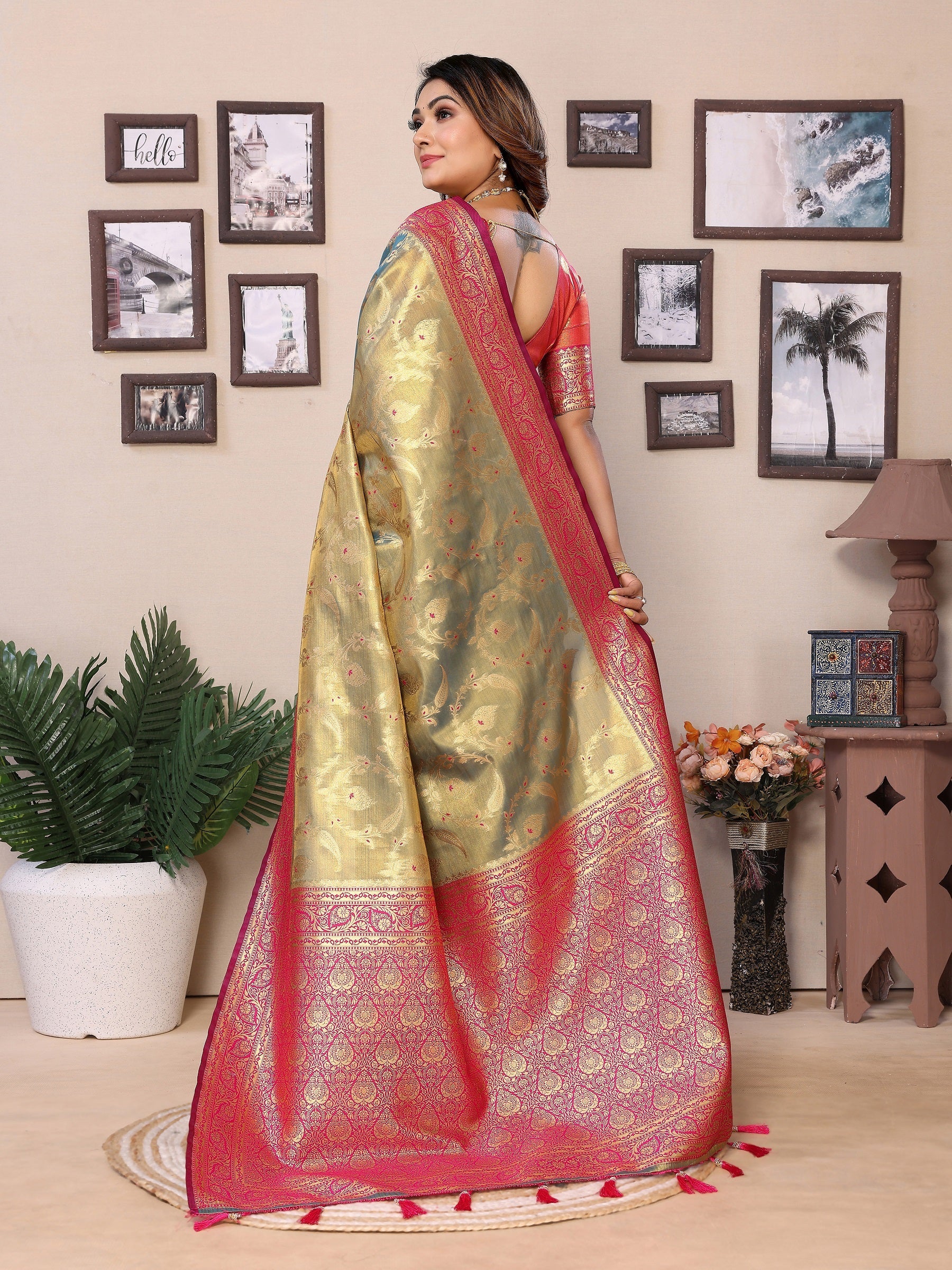 Vedant Vastram Tissue Silk Kanjeevaram Silk Saree - Olive