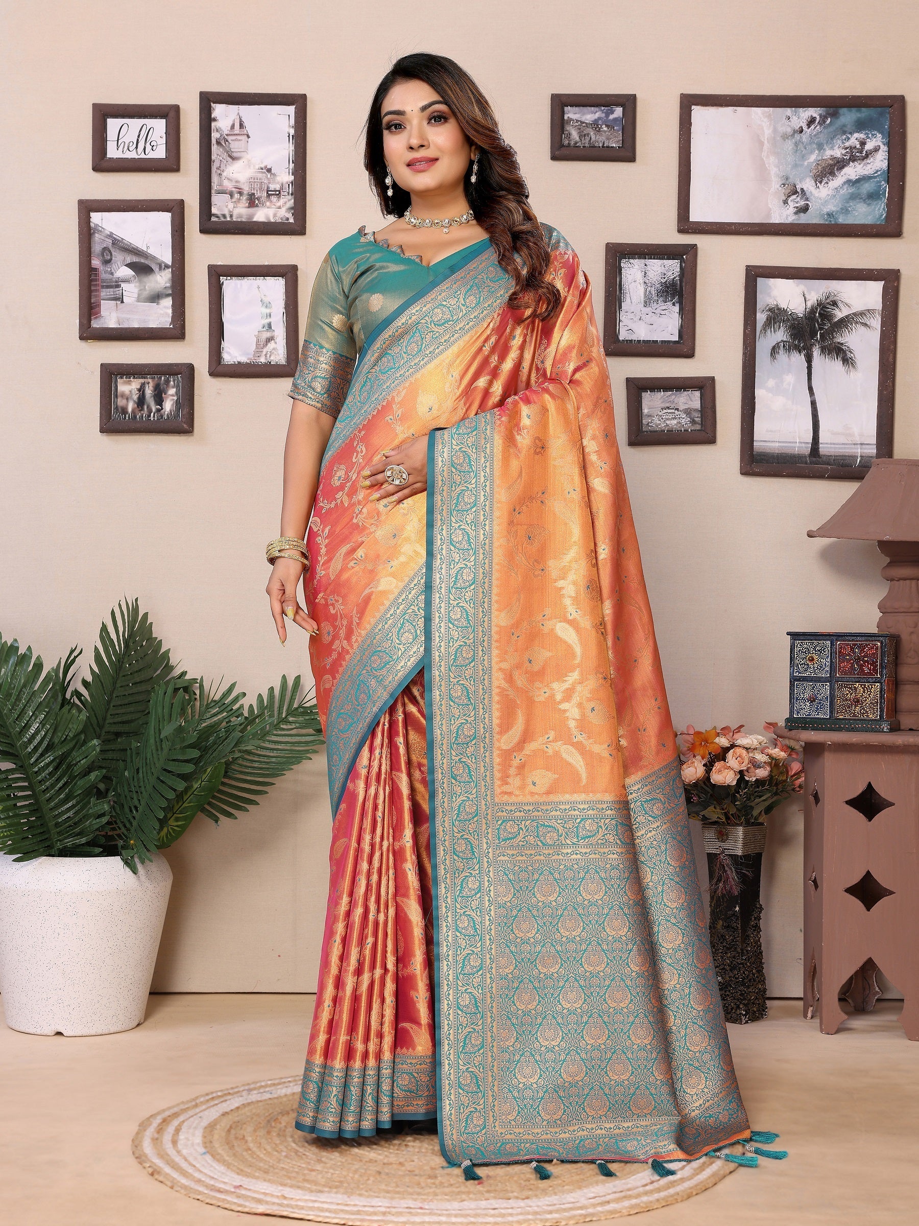 Vedant Vastram Tissue Silk Kanjeevaram Silk Saree - Orange