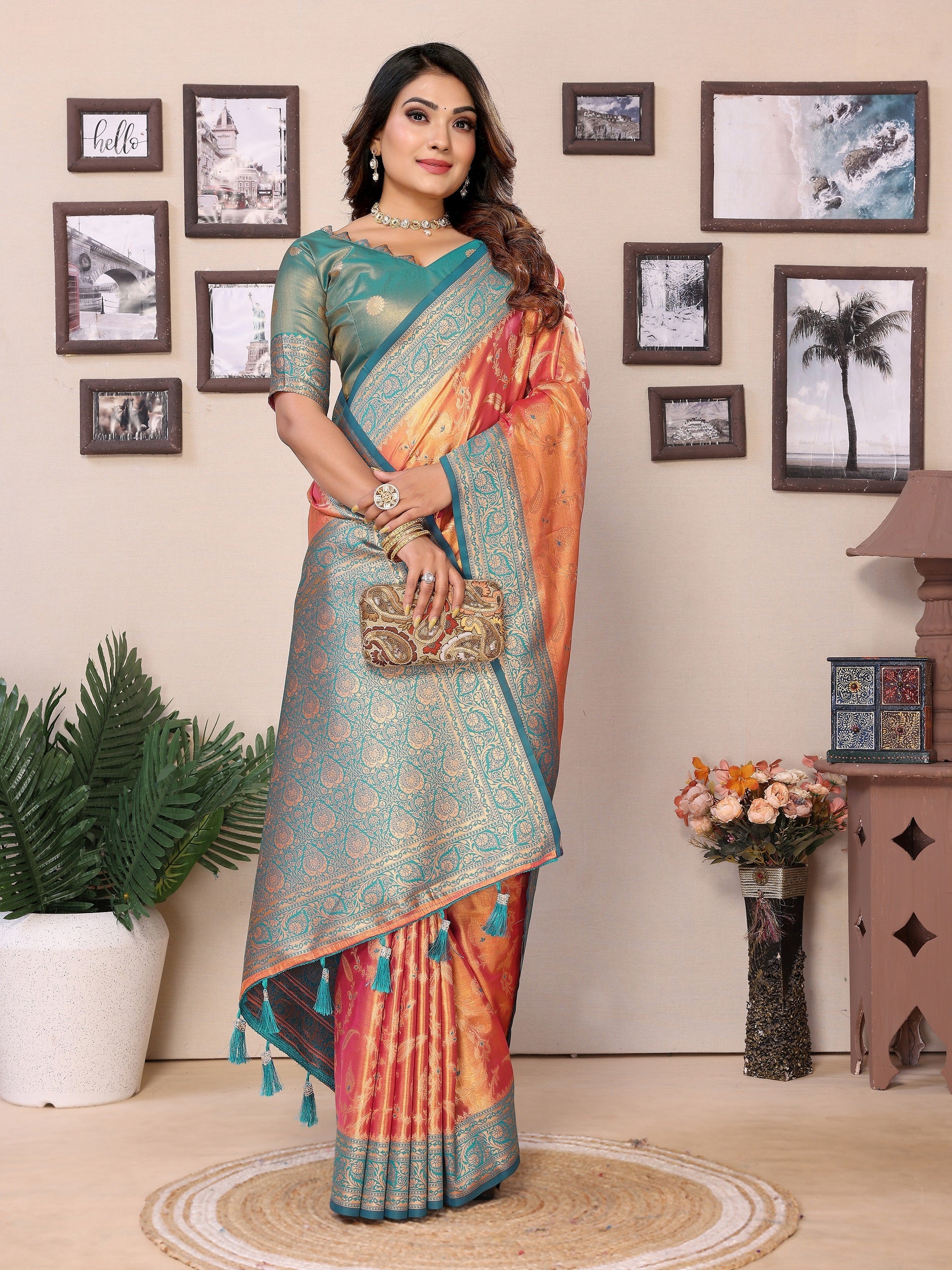 Vedant Vastram Tissue Silk Kanjeevaram Silk Saree - Orange