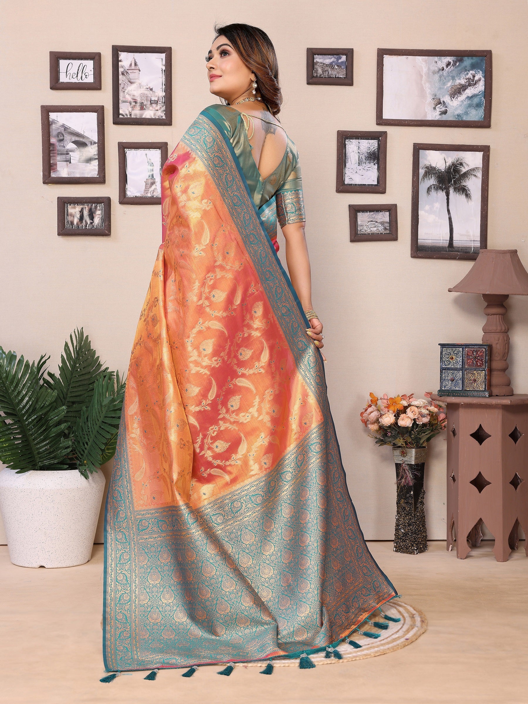 Vedant Vastram Tissue Silk Kanjeevaram Silk Saree - Orange