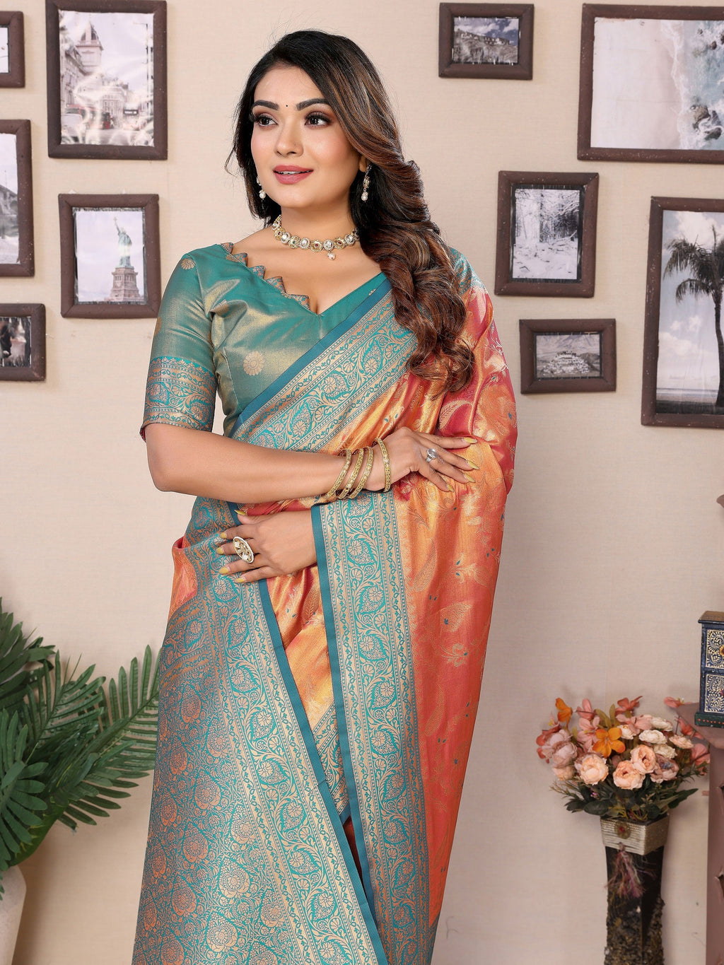 Vedant Vastram Tissue Silk Kanjeevaram Silk Saree - Orange
