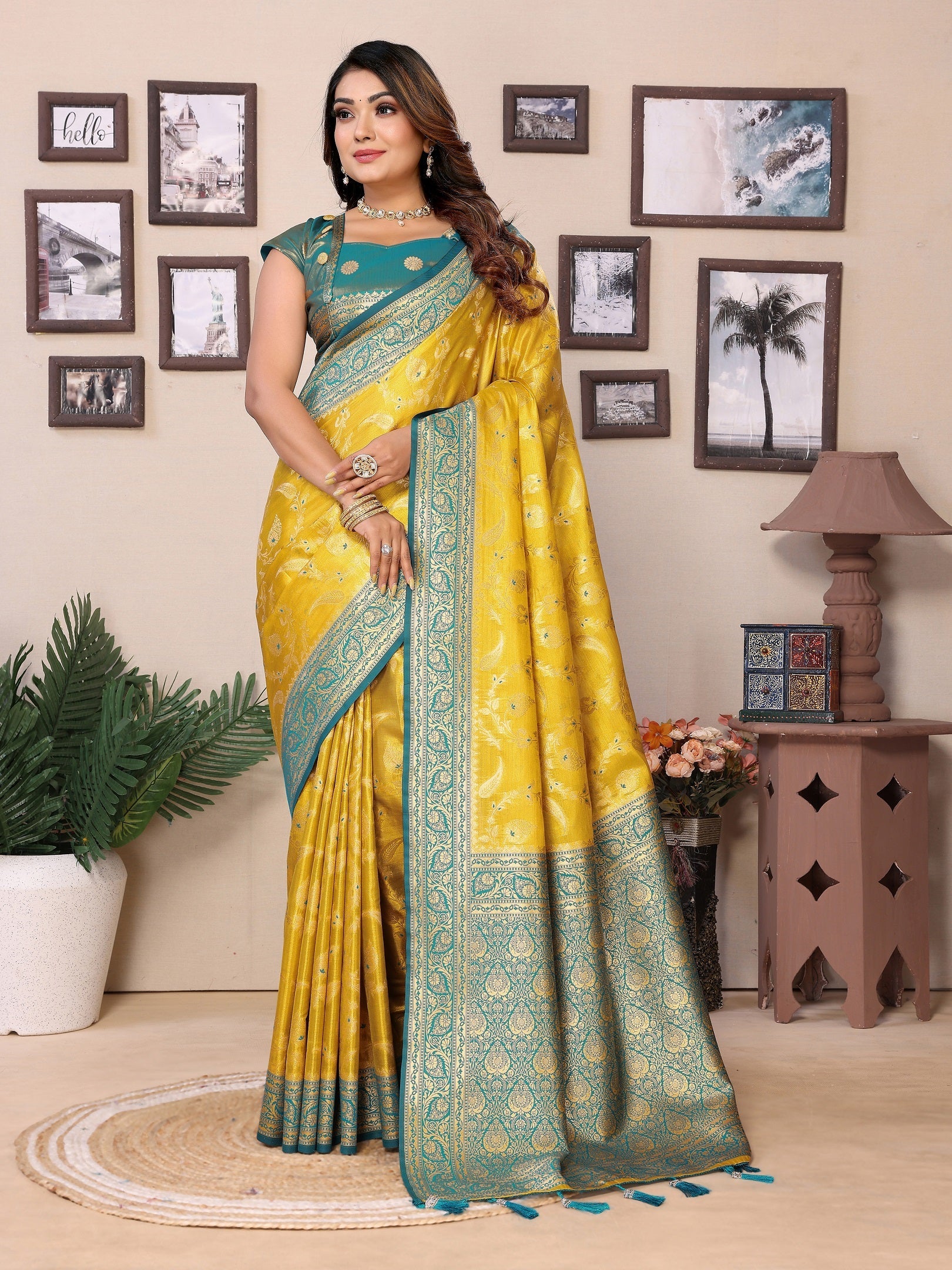 Vedant Vastram Tissue Silk Kanjeevaram Silk Saree - Yellow