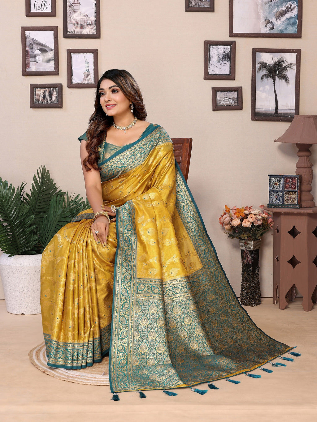 Vedant Vastram Tissue Silk Kanjeevaram Silk Saree - Yellow