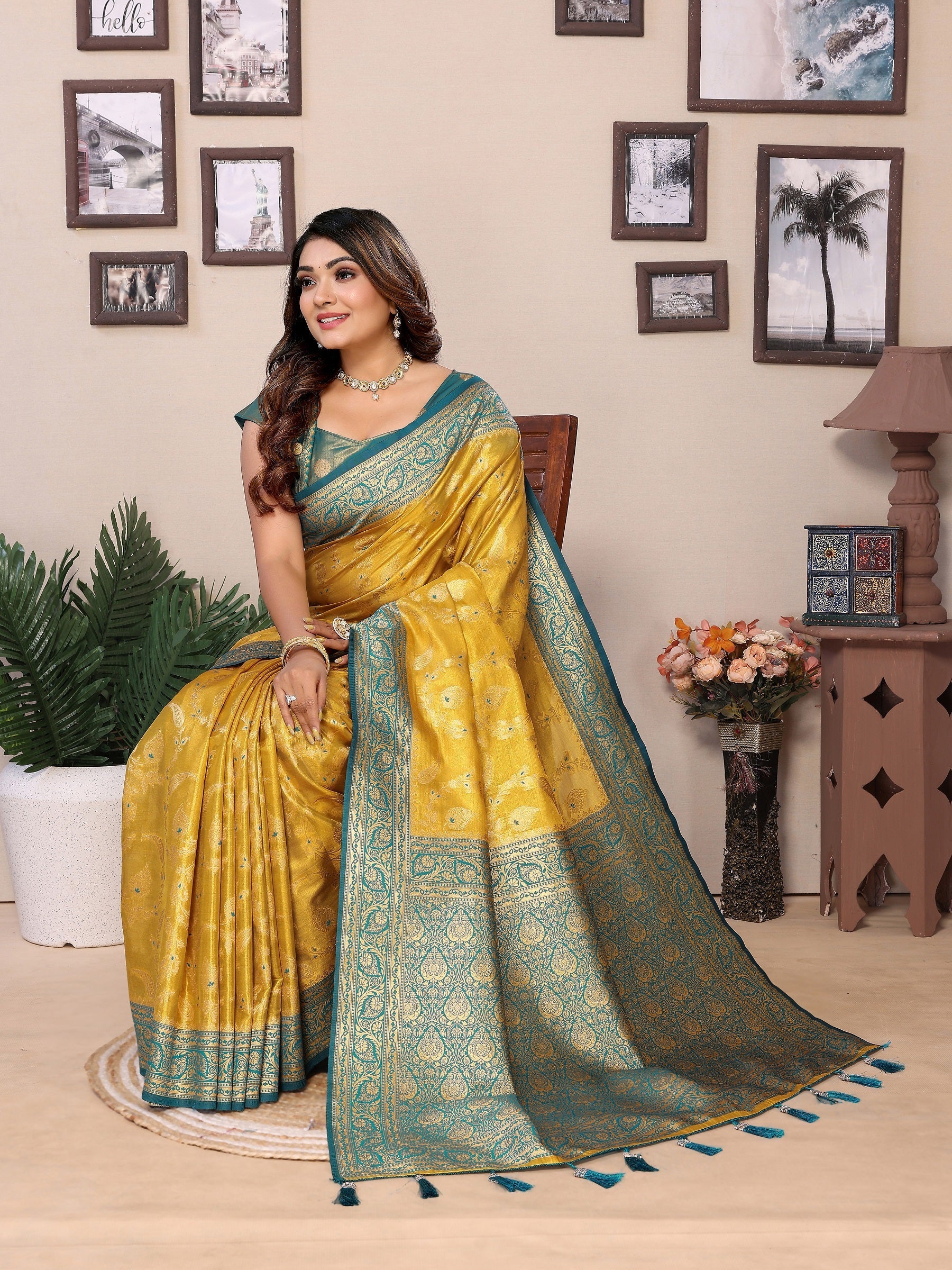 Vedant Vastram Tissue Silk Kanjeevaram Silk Saree - Yellow