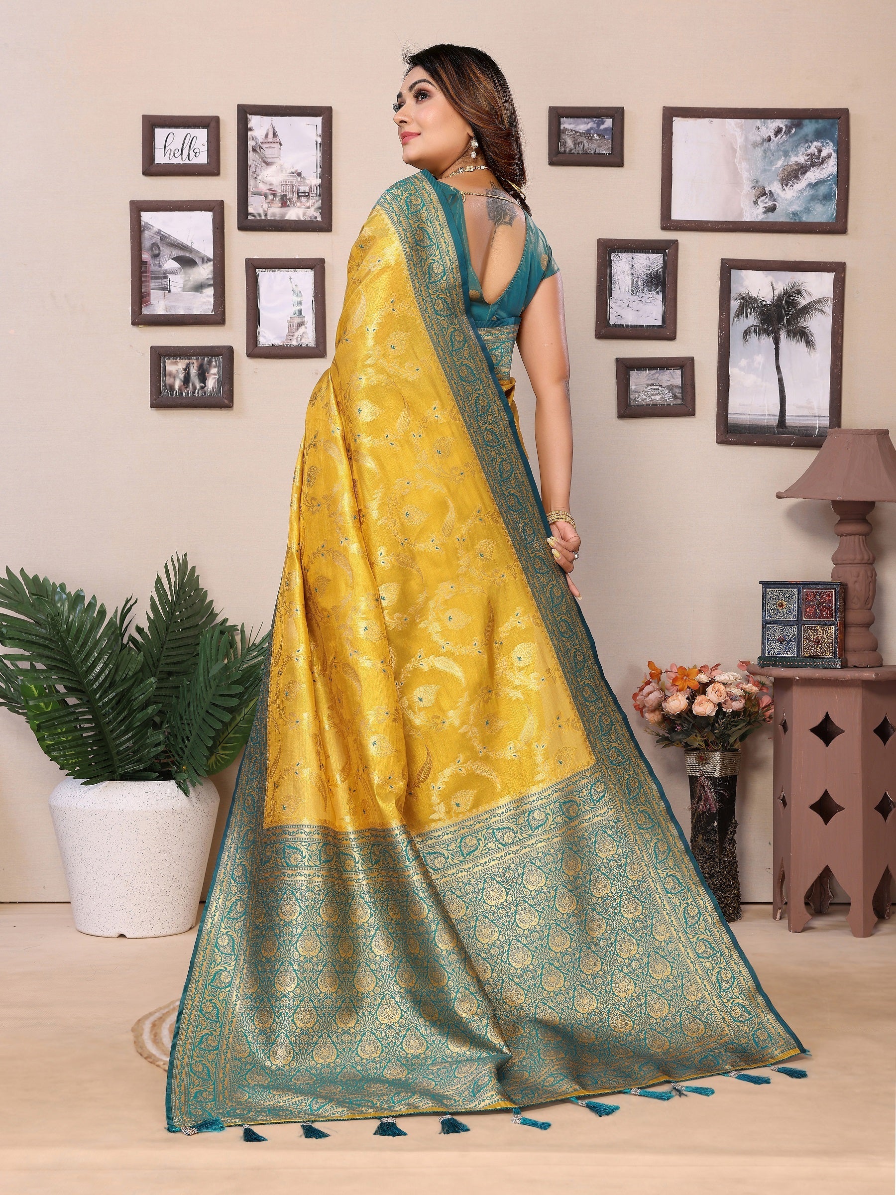 Vedant Vastram Tissue Silk Kanjeevaram Silk Saree - Yellow