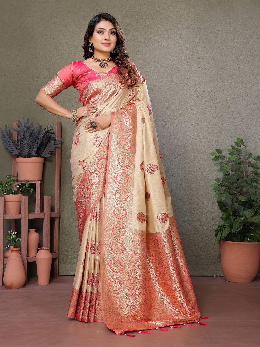 Vedant Vastram Viscose Silk Kanjeevaram Silk Saree - Peach
