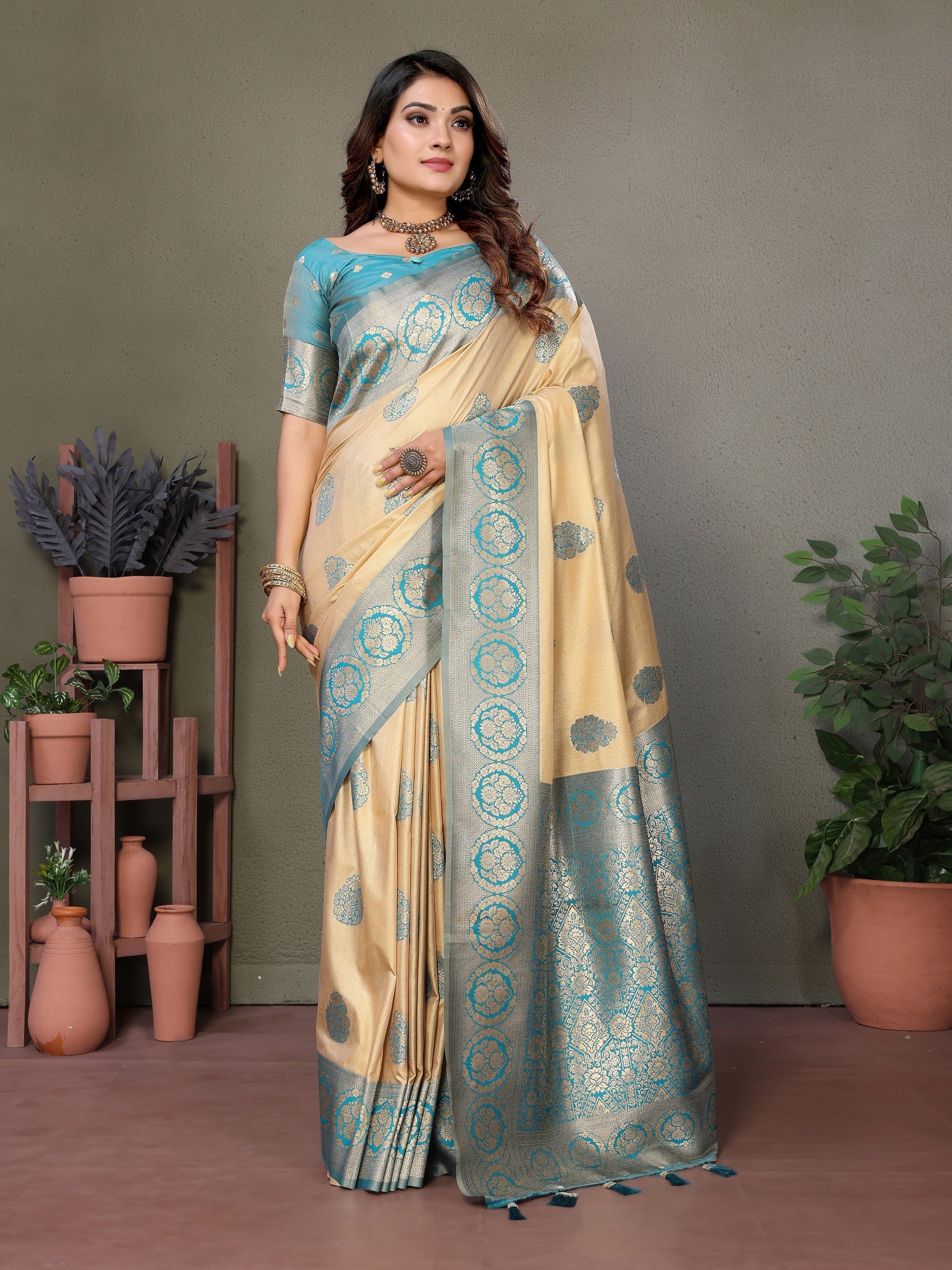 Vedant Vastram Viscose Silk Kanjeevaram Silk Saree - Rama