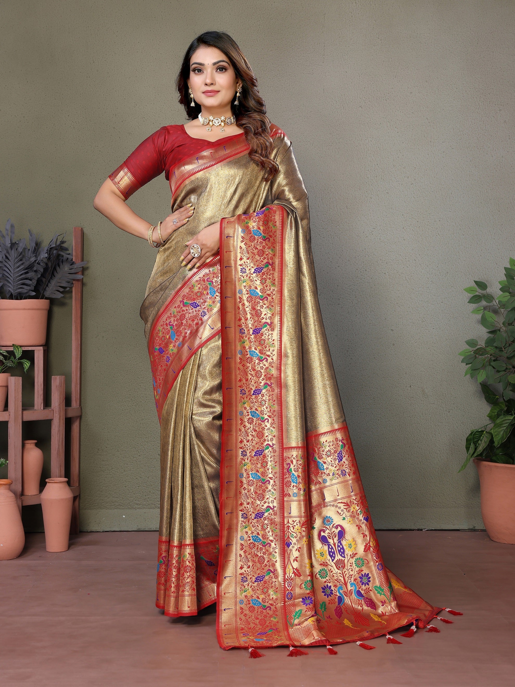 Vedant Vastram Tissue Silk Paithani Silk Saree - Beige