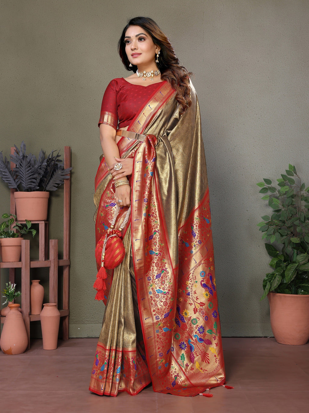 Vedant Vastram Tissue Silk Paithani Silk Saree - Beige