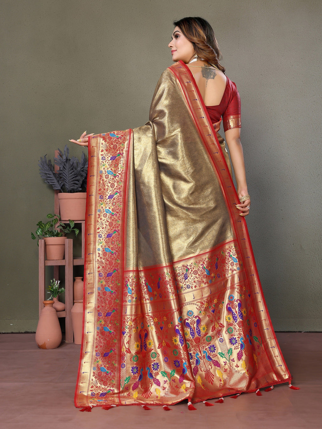 Vedant Vastram Tissue Silk Paithani Silk Saree - Beige