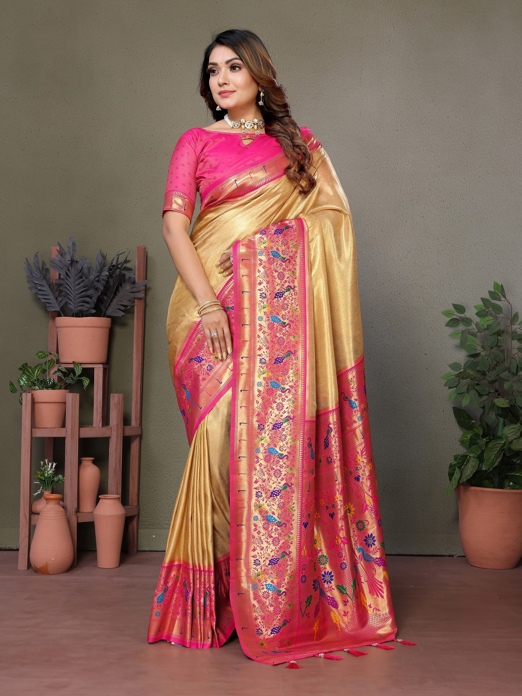 Vedant Vastram Tissue Silk Paithani Silk Saree - Gold