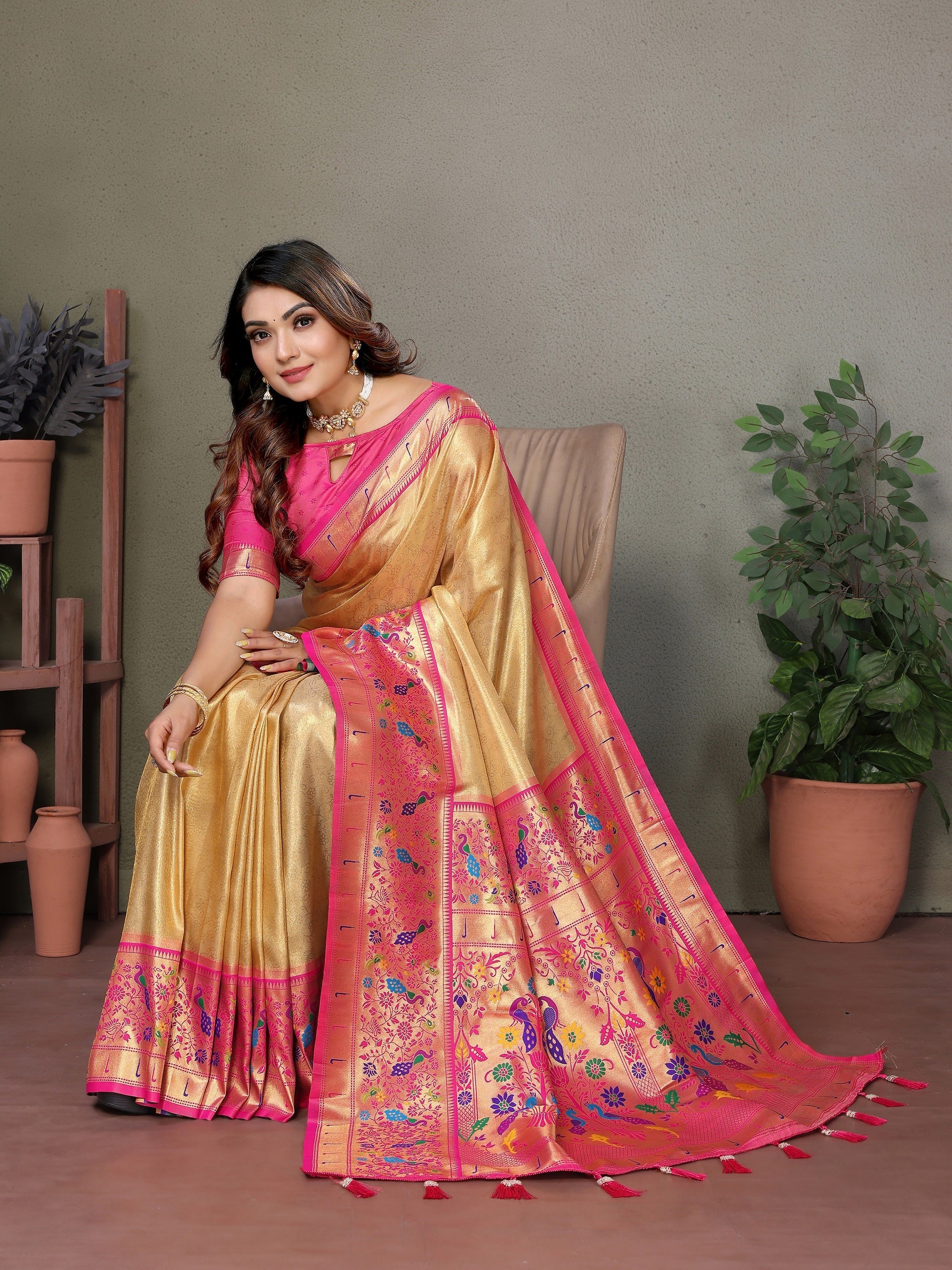 Vedant Vastram Tissue Silk Paithani Silk Saree - Gold