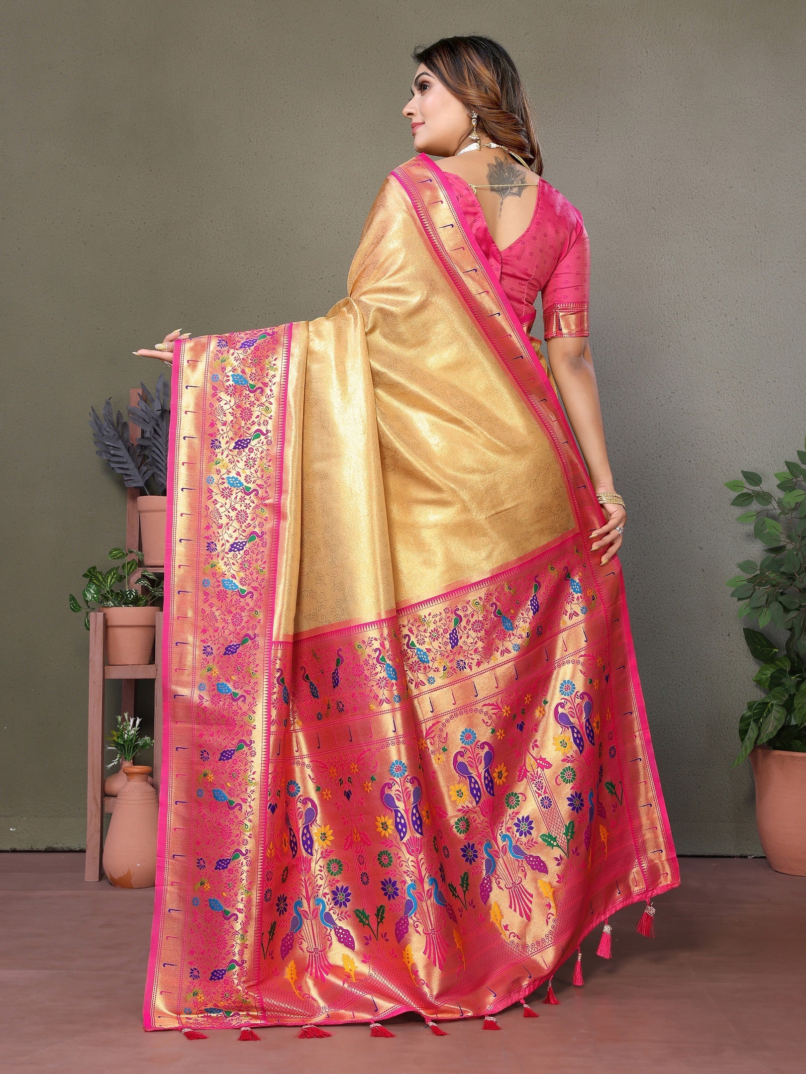 Vedant Vastram Tissue Silk Paithani Silk Saree - Gold