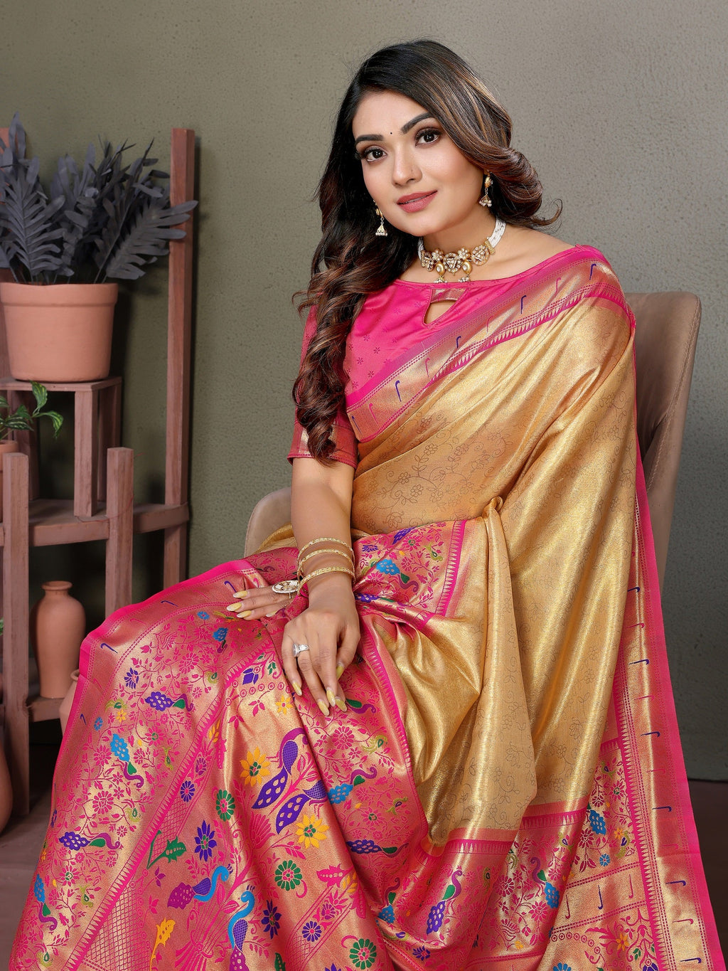 Vedant Vastram Tissue Silk Paithani Silk Saree - Gold