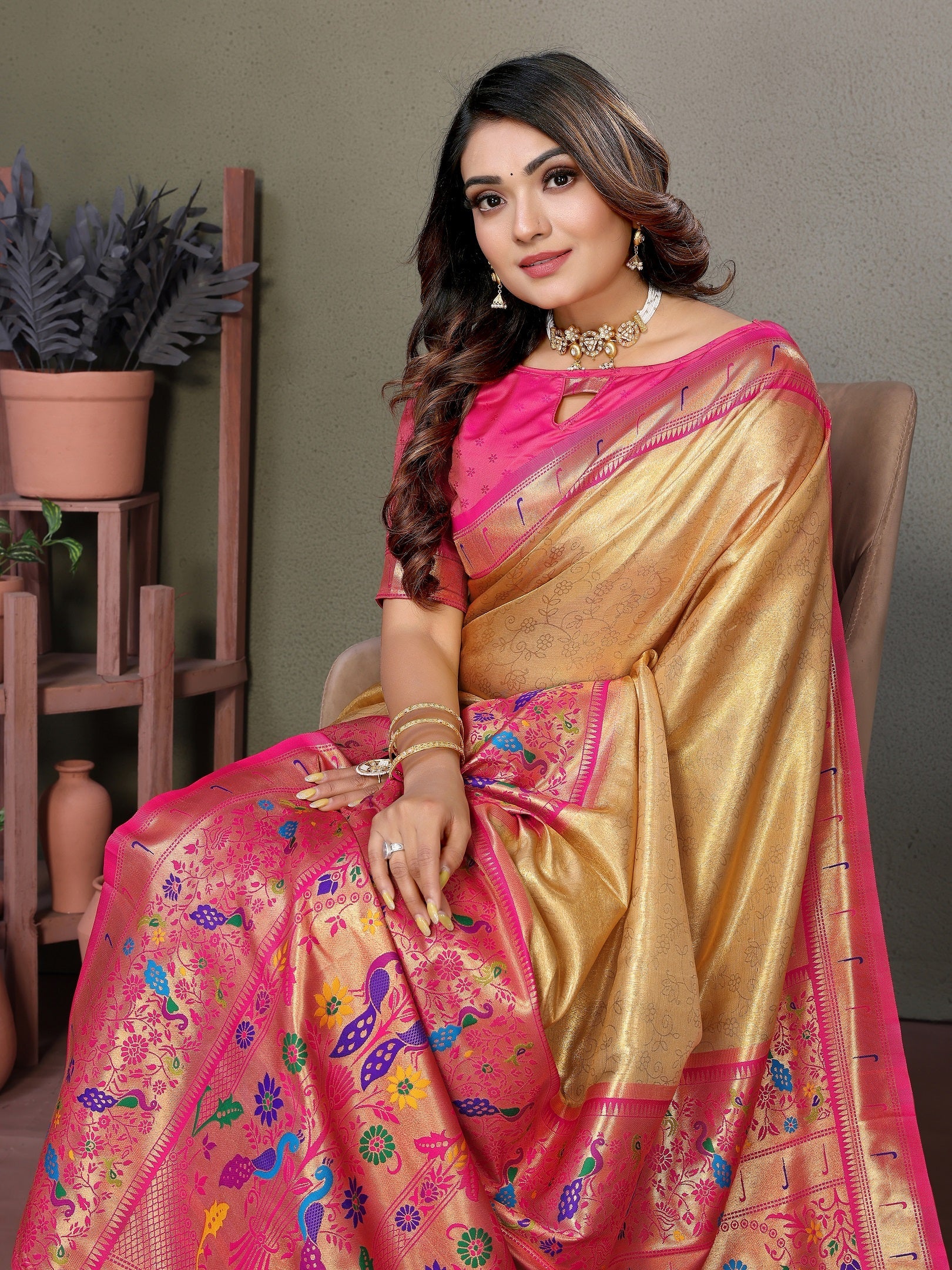 Vedant Vastram Tissue Silk Paithani Silk Saree - Gold